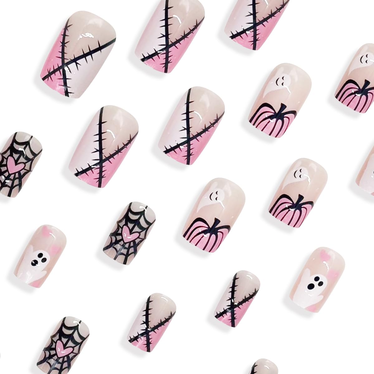 **Halloween Square Press on Nails - 24Pcs Medium Fake Nails with Cute Pumpkin & Ghost Designs, Glossy Pink Acrylic False Nails for Women - Perfect for Halloween Parties, Costumes & Holiday Manicure Decorations**