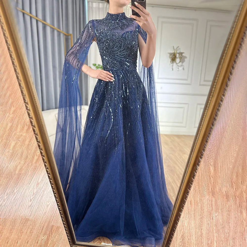 Serene Hill Caramel Luxury Evening Gown with Cape Sleeves - A-Line Beaded Lace Wedding Dress for Women | 2025 LA72386 | Perfect for Formal Events, Bridal Parties & Red Carpet Occasions