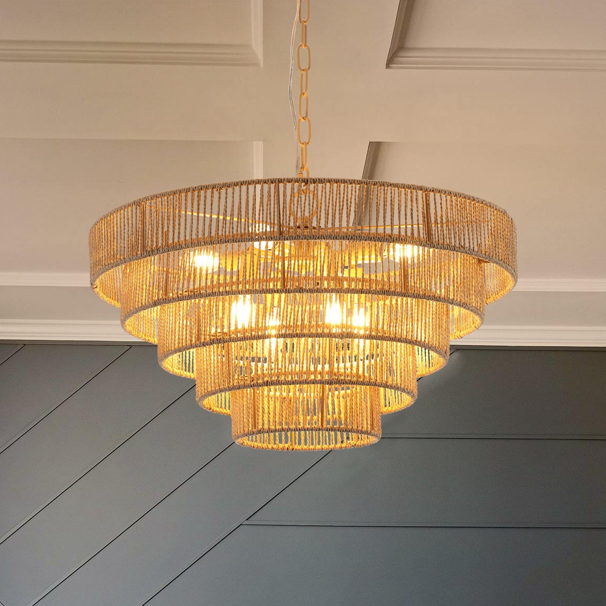 Bohemian Style 23.6 Inch Woven Rattan Pendant Light - 5 Tier Natural Wood Chandelier for Dining Room, Bedroom & Boho Home Decor
