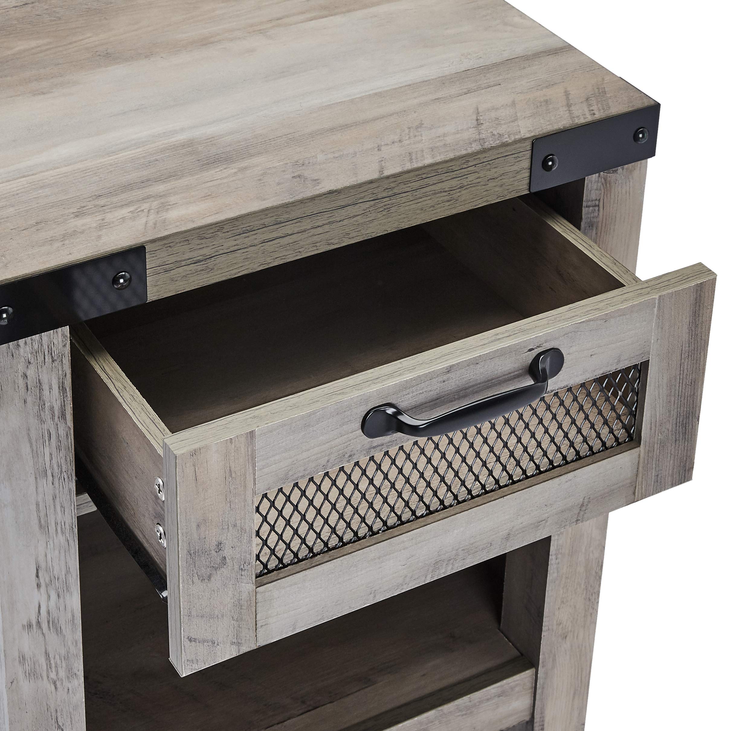 Industrial Style End Table with Drawer - Grey Wash Finish for Living Room, Bedroom, or Office Decor