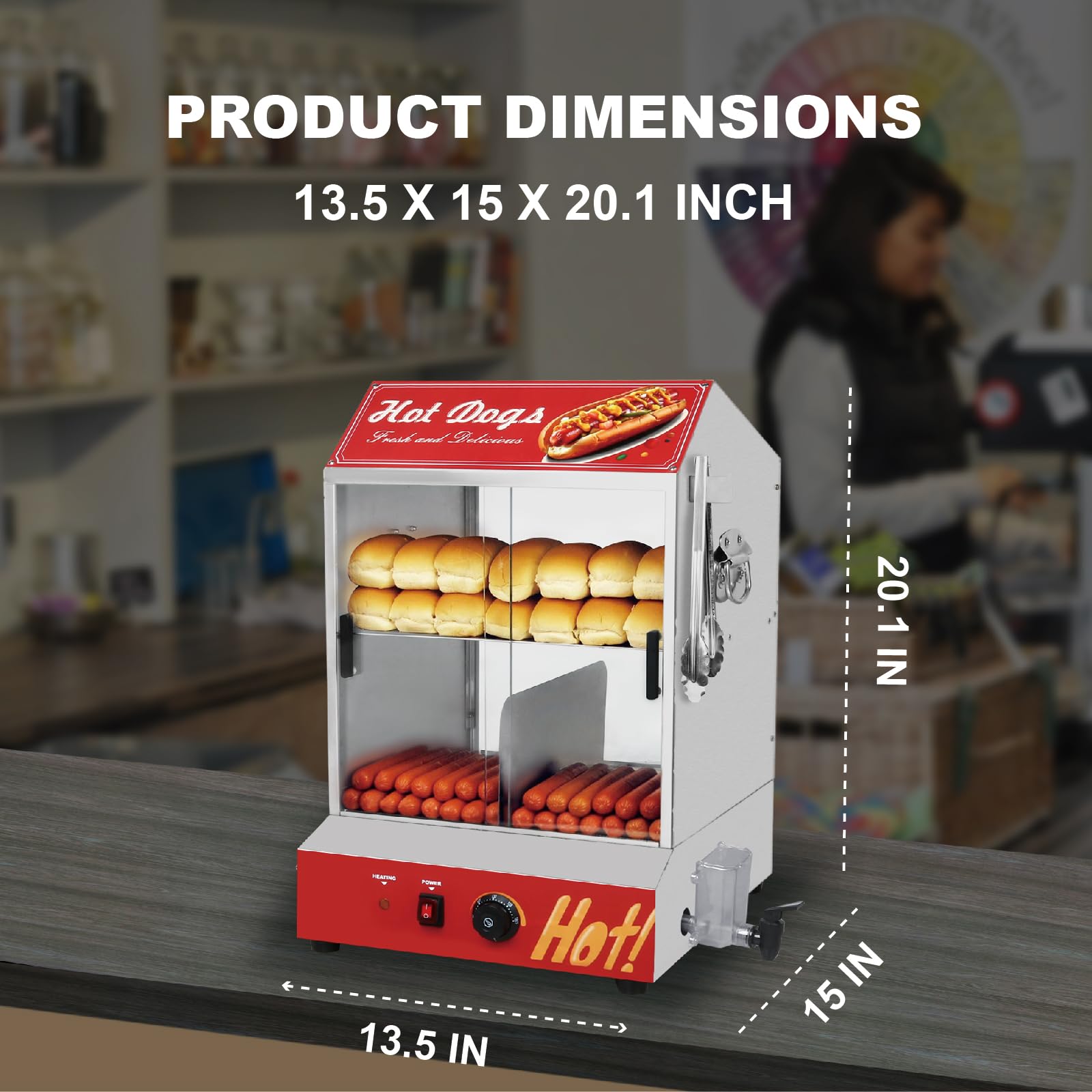 Commercial Electric Hot Dog Steamer Machine - 31.7QT/30L Capacity, 2-Tier Bun Warmer with Adjustable Temperature Control, Glass Sliding Door - Holds 175 Hot Dogs & 40 Buns - Perfect for Hot Dog Stands, Food Trucks, Restaurants & Catering Events