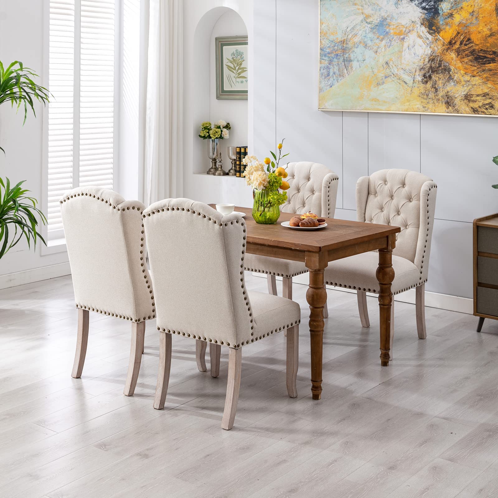 Modern Tufted Dining Chairs Set of 2 - Linen Upholstered Armless Side Chairs with Solid Wood Frame for Kitchen, Dining Room & Guest Seating - Wingback Accent Chairs in Beige - Perfect for Small Spaces, Breakfast Nooks & Formal Dining Areas