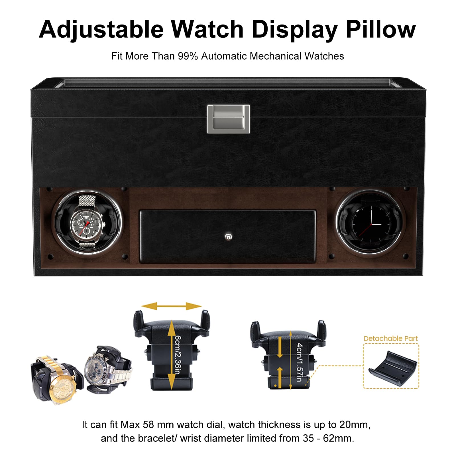 DUKWIN 16 Slot Watch Display Case with Watch Winder for 2 Watches - 4 Rotation Modes, Adjustable Watch Pillows & Blue LED Light - Luxury Watch Storage Box for Collectors - Perfect for Home, Office or Gift