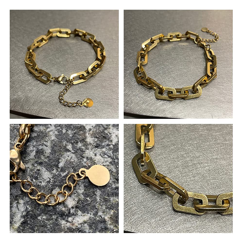Chunky Cuban Chain Bracelet for Women - 18K Gold Plated & Sterling Silver Flat Herringbone Snake Link Bracelet | Stackable Layered Jewelry for Casual, Party & Everyday Wear