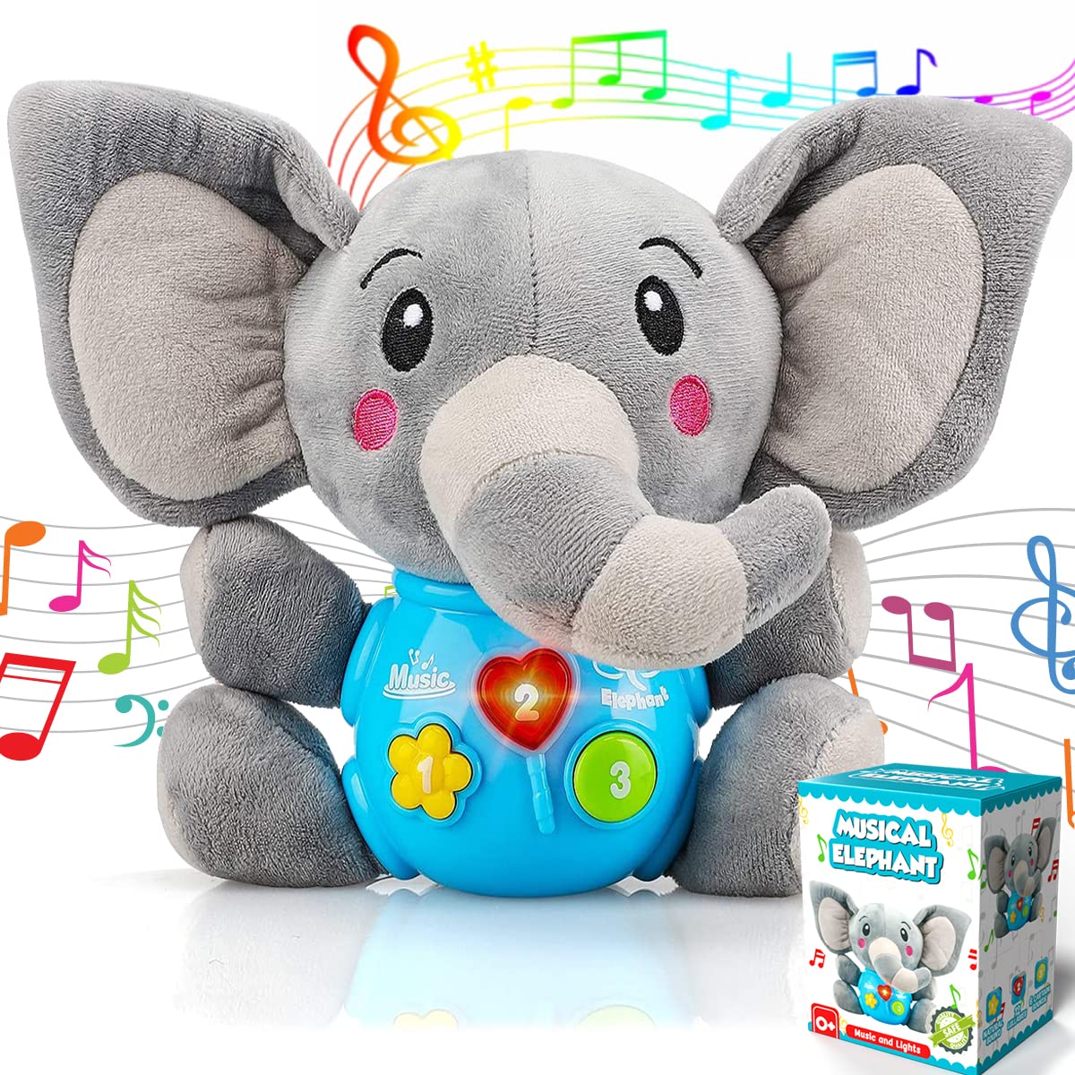 Insnug Elephant Stuffed Animal Plush Toy - Soft Educational Light Up Musical Baby Toy for Boys & Girls Ages 3-36 Months | Montessori Learning, Brain Development & Sensory Play | Perfect for Nursery Decor, Birthday Gifts & Toddler Playtime