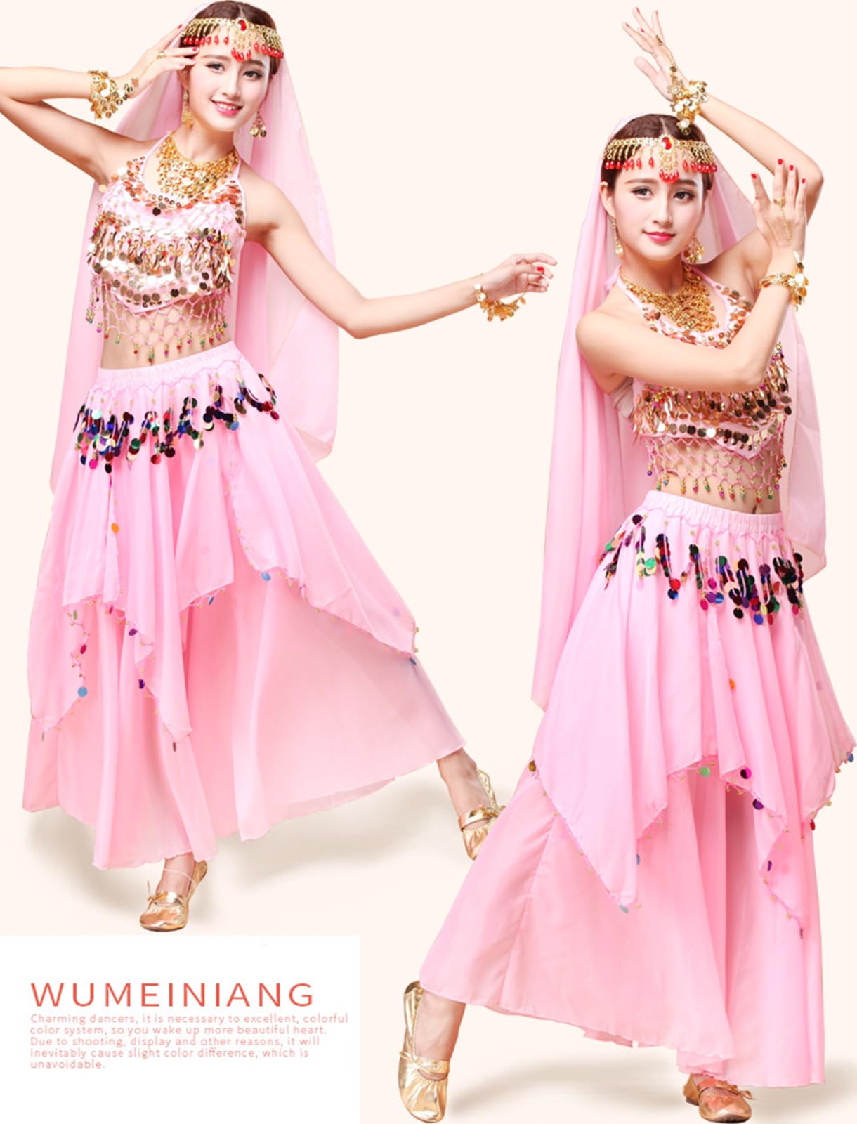 Women's Belly Dance Costume - Sparkling Sequin Crop Top with Flowy Chiffon Skirt for Halloween, Party & Performance Outfits