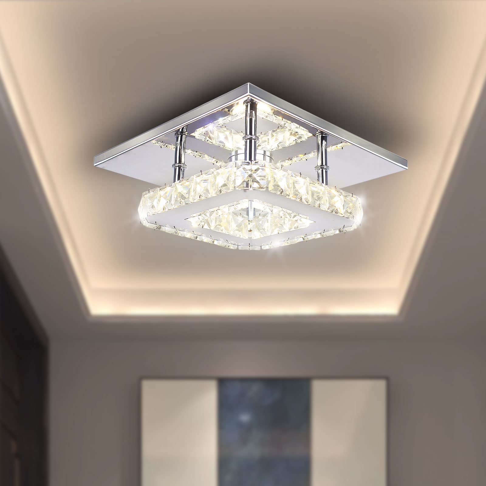 Modern Crystal Chandelier 7.9 Inches LED Ceiling Light - Mini Square Flush Mount Lighting Fixture for Bedroom, Dining Room, Hallway - Changeable Color 15W - Perfect for Home Decor, Apartment Lighting & Interior Design