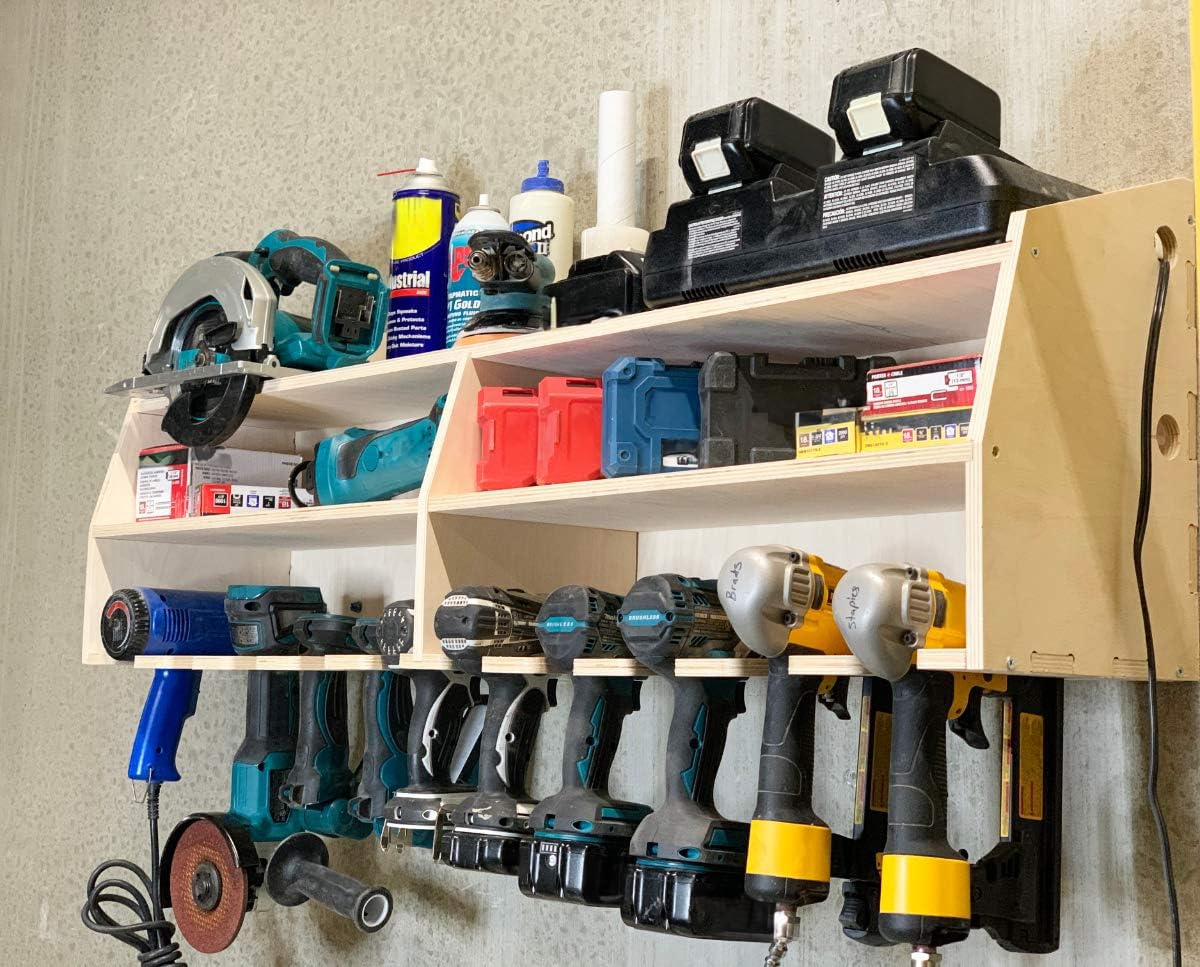 10-Slot Cordless Drill Tool Holder Organizer - Birch Plywood Storage Rack & Wall Mount Shelf for Workshop, Garage, and DIY Projects