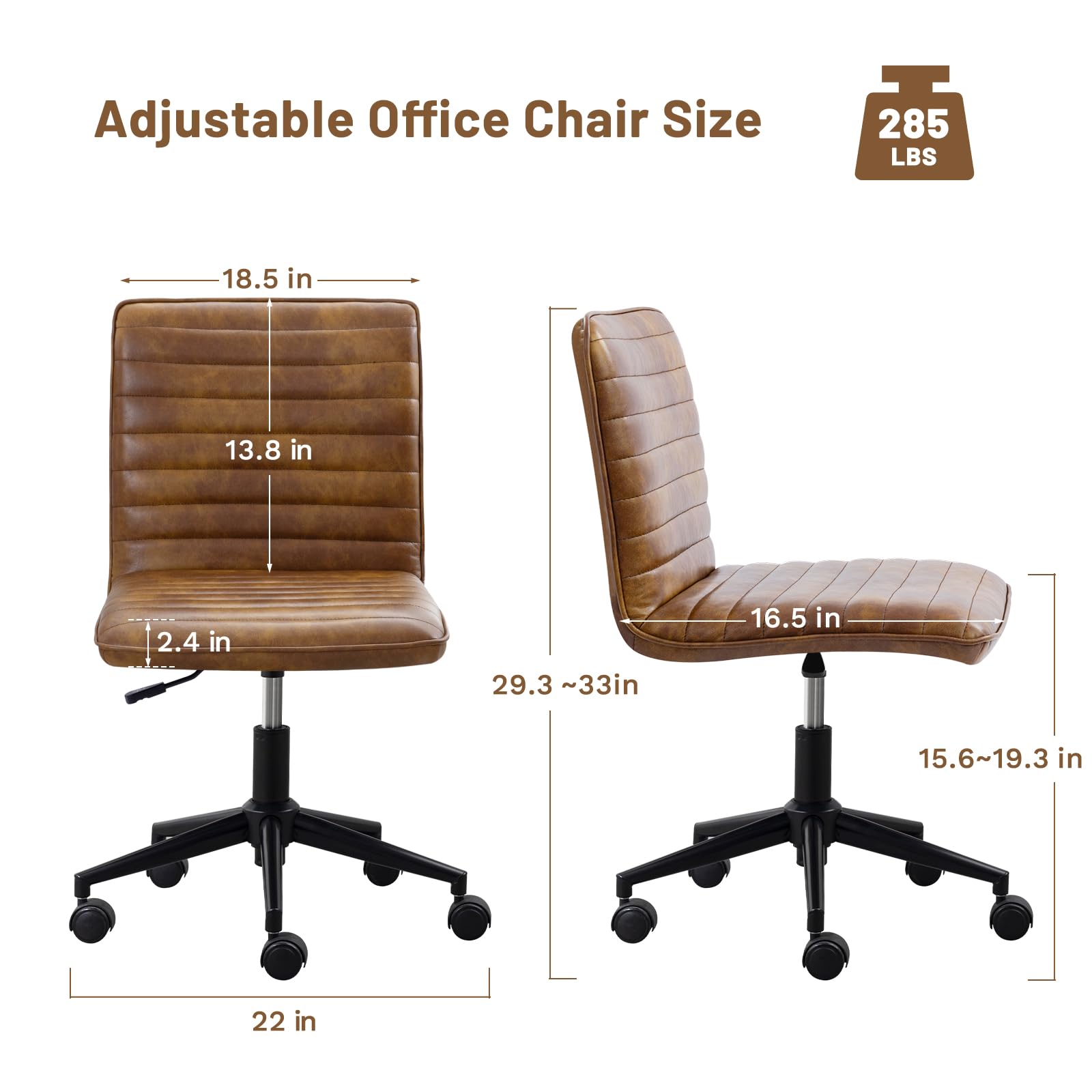 Furniliving Genuine Leather Home Office Chair - Armless Vanity Desk Task Chair with 360° Swivel Wheels & Adjustable Height - Modern Computer Rolling Chair with Gold Metal Base - Perfect for Home Office, Study Room, and Workspace