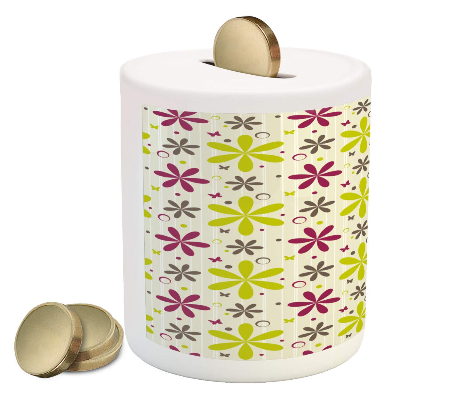 Ambesonne Floral Ceramic Piggy Bank - Butterfly & Circle Hoops Nature Design Money Box for Cash Savings (Apple Green, Dark Taupe, Maroon) - Perfect Gift for Kids, Teens & Home Decor