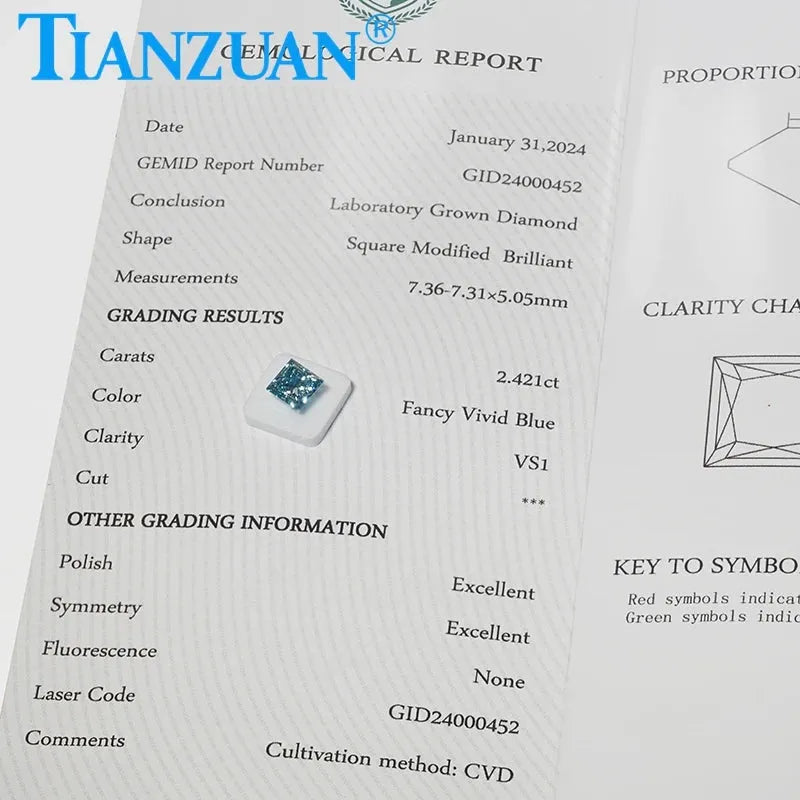 2.4ct Lab Grown CVD Diamond - Square Fancy Vivid Blue VS1 3EX Loose Gemstone Bead with GEMID Certification | Perfect for Engagement Rings, Jewelry Making & Luxury Gifts
