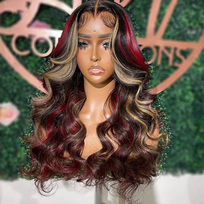 Eullair Black Red Blonde Body Wave Wig with Blue Orange Balayage Highlights - 3 Color Straight Lace Frontal Human Hair Wig for Cosplay, Halloween & Daily Fashion