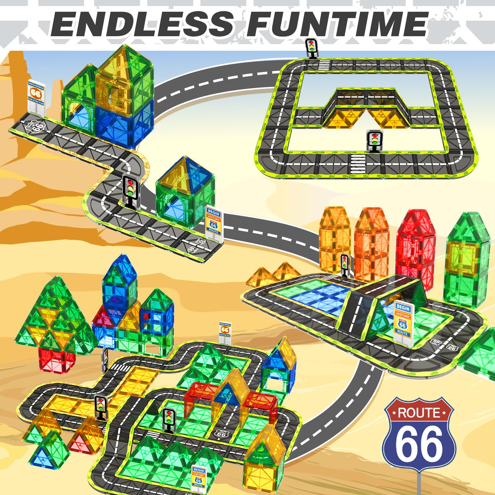 Magnetic Tiles Route 66 Road Set - STEM Educational Building Blocks for Kids Ages 3-8, Creative Construction Toys for Boys & Girls, Sensory Learning Toys for Toddlers - Perfect for Christmas, Birthday Gifts & Classroom STEM Activities