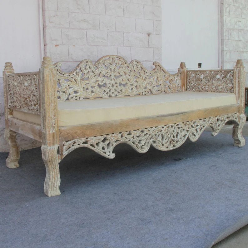 Hand Carved Maharajah Indian Daybed - Solid Wood Garden Sofa for Outdoor Patio, Porch & Backyard Relaxation | Perfect for Lounging, Sunbathing & Entertaining Guests