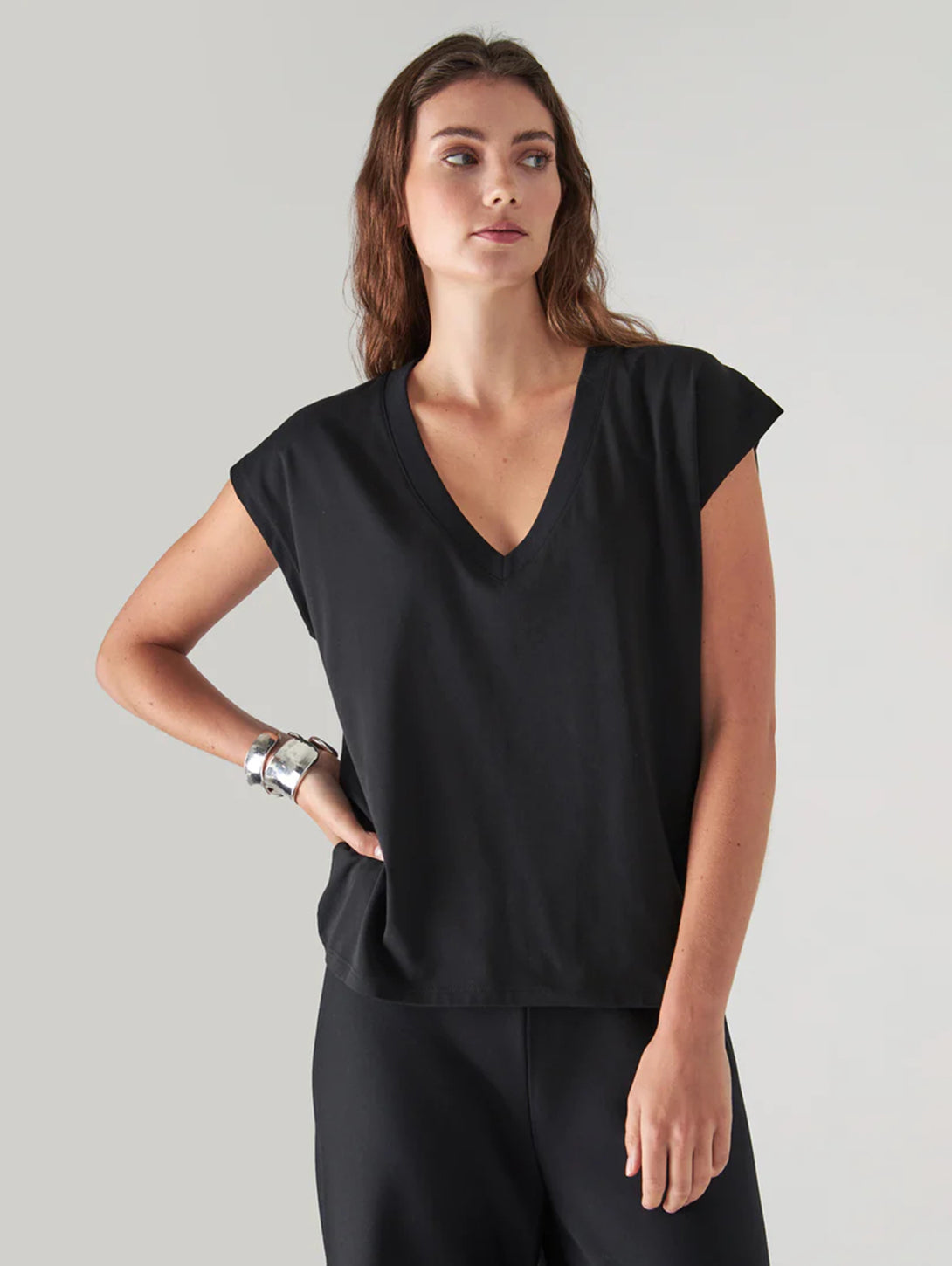 Dolman V Neck Tee for Women - Soft Stretch Casual T-Shirt in Black | Perfect for Everyday Wear, Layering & Lounge Outfits