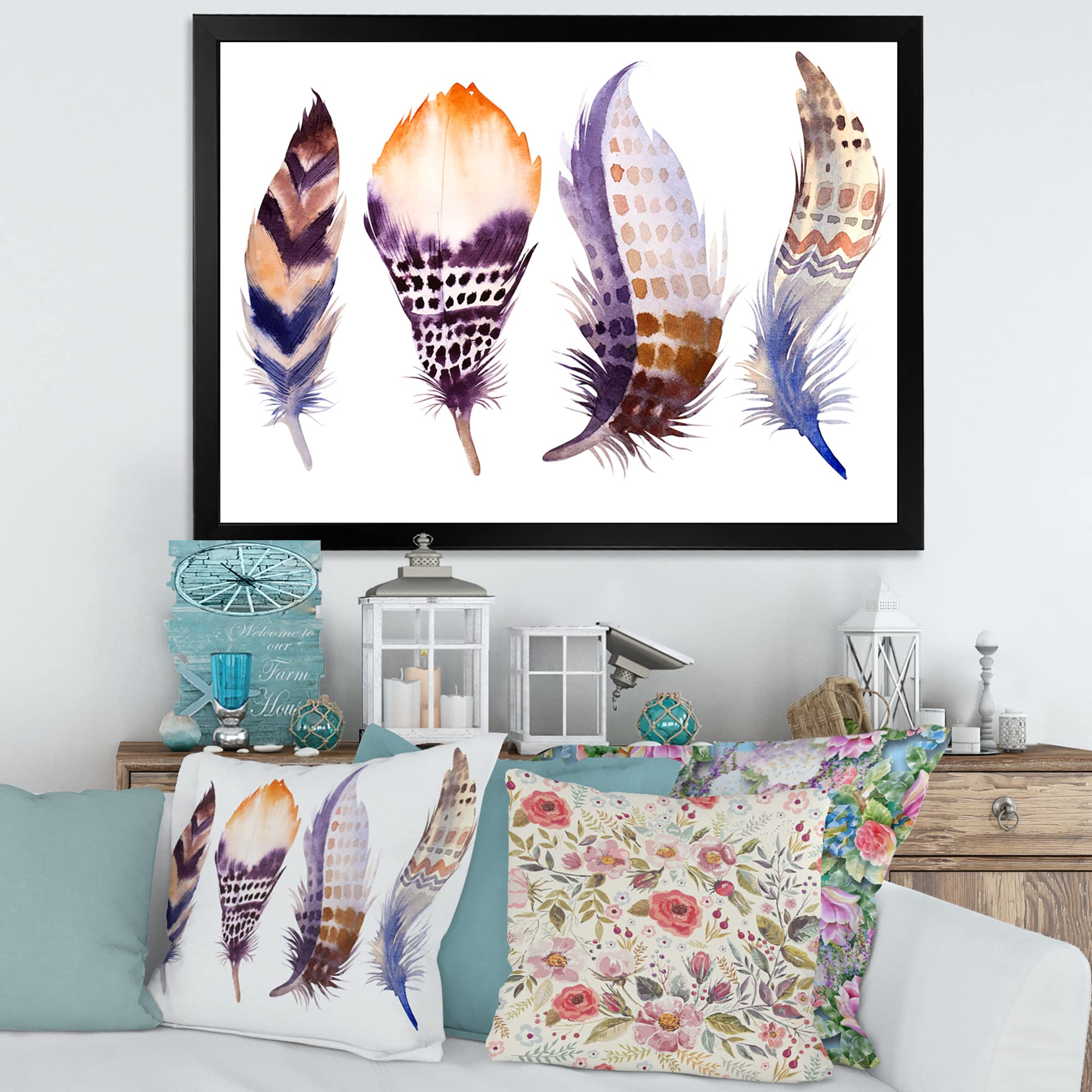 Purple Boho Feathers Bohemian & Eclectic Framed Wall Art Decor - Perfect for Living Room, Bedroom, or Office Boho Chic Style