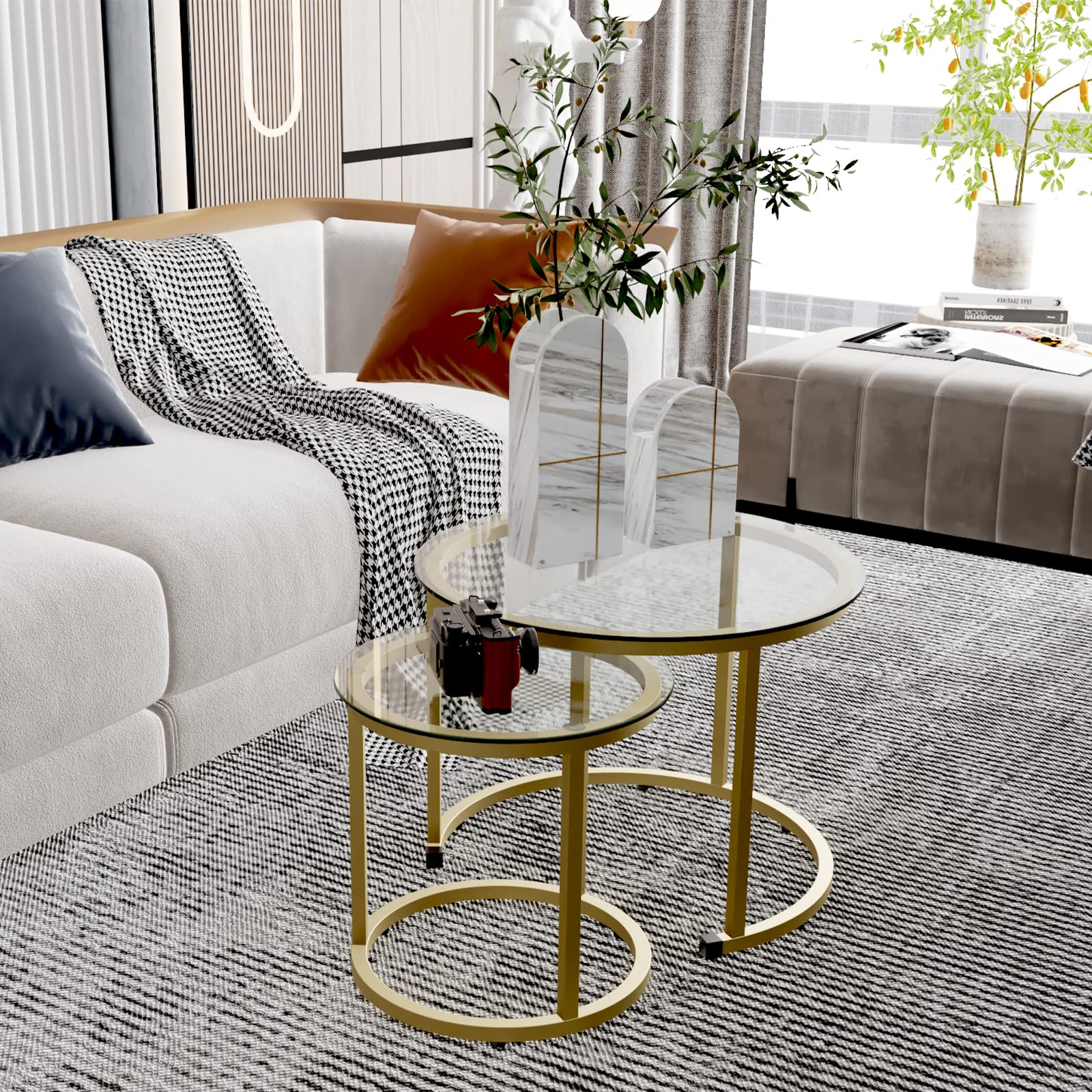 aboxoo Gold Nesting Coffee Table Set of 2 - Modern Industrial Round Glass Side Tables with Metal Frame for Living Room, Bedroom & Office - Perfect for Tea Time, Reading Nook or Lounge Area Decor