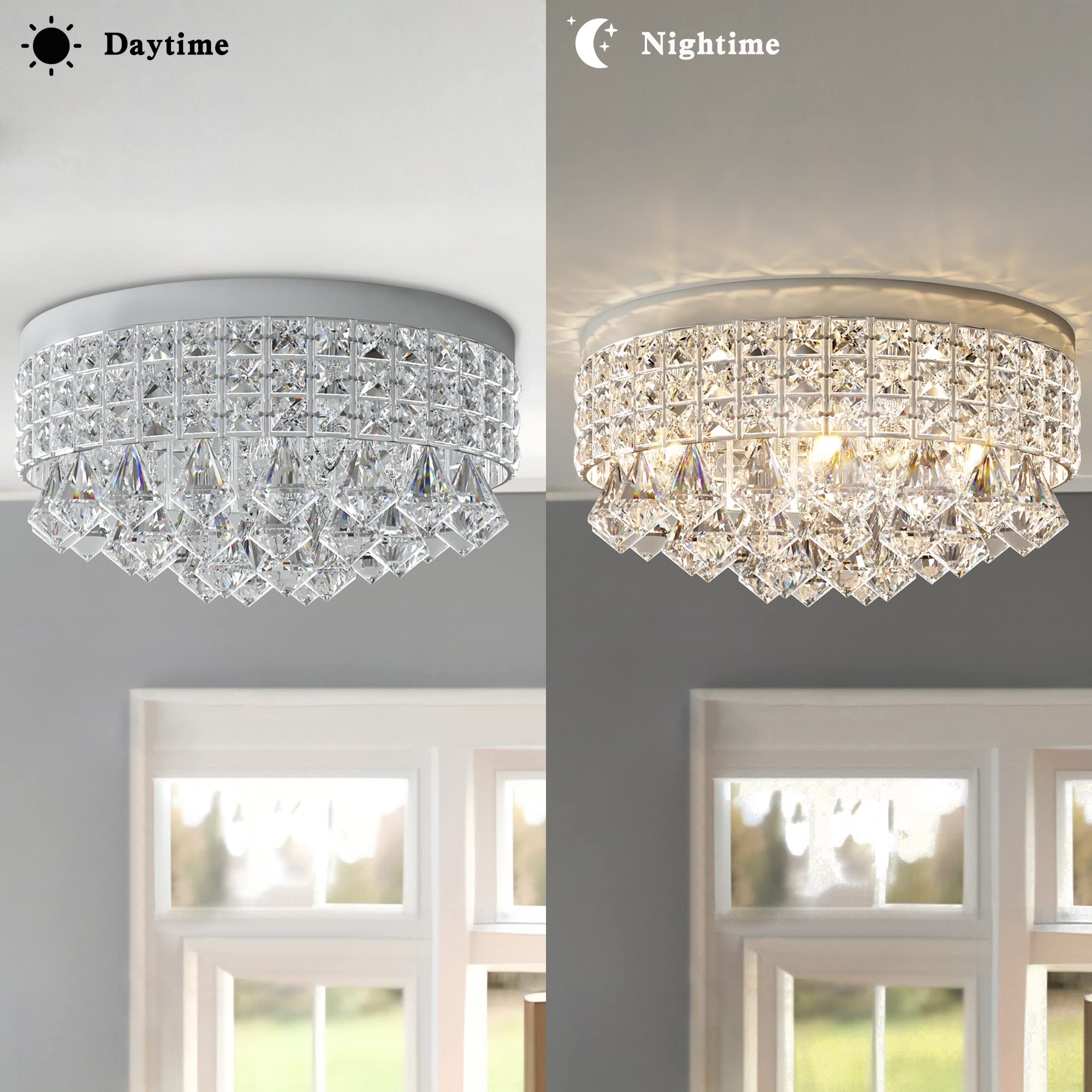 Maxax 4-Light Crystal Chandelier - Modern Drum Ceiling Light Fixture with Raindrop Design, Round Metal Shade Flush Mount Lighting for Dining Room, Living Room, Bedroom, Bathroom (Chrome Finish) - Perfect for Home Decor, Wedding Venues, and Restaurant Lighting