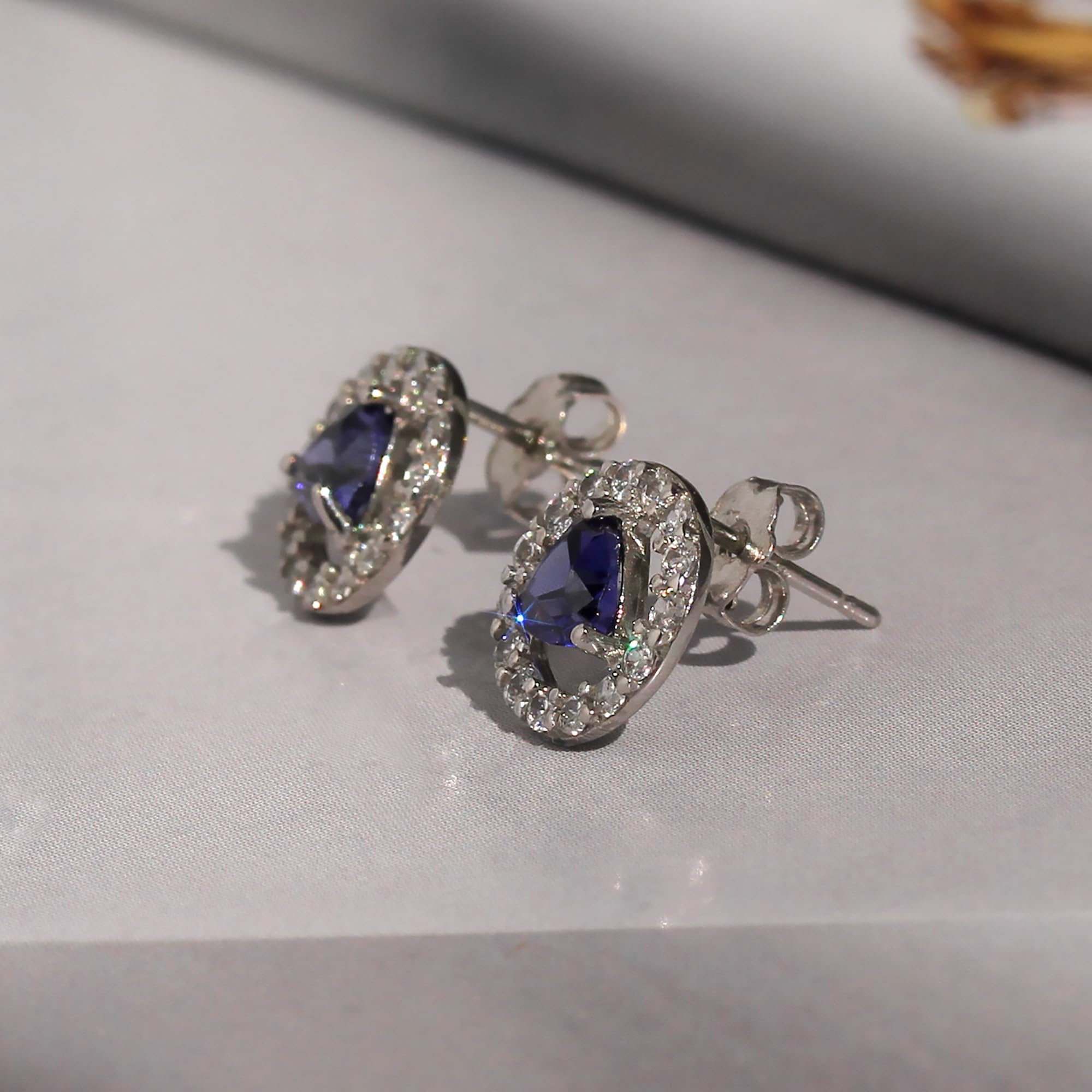 14K White Gold Triangle Cut Blue Violet Cubic Zirconia Stud Earrings for Women - Elegant Dainty Jewelry Gift for Birthday, Anniversary & Special Occasions