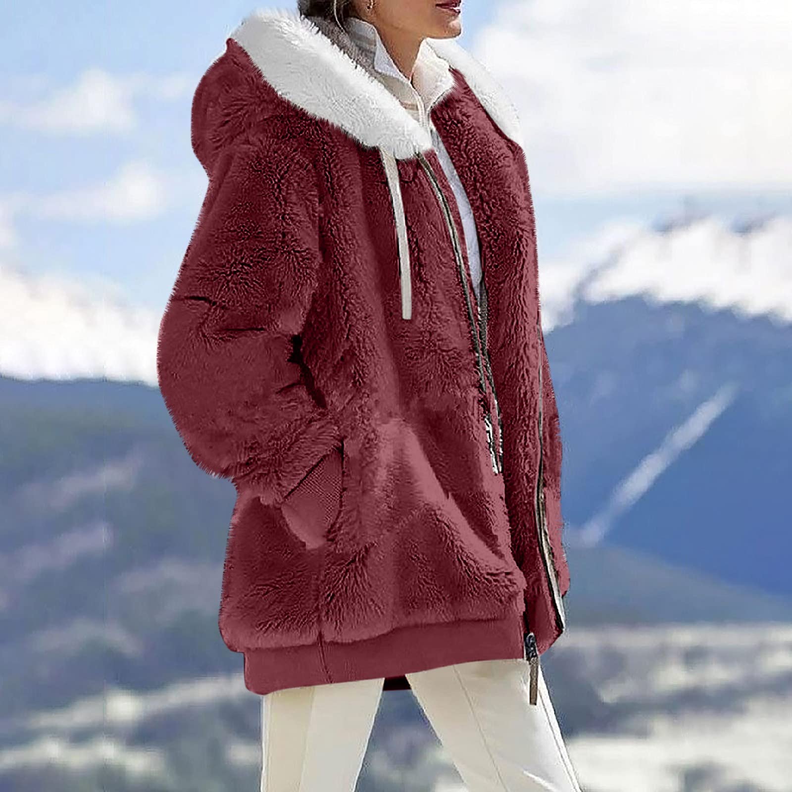 Women's Casual Fleece-Lined Jacket with Detachable Collar & Pockets - Winter Warm Loose Fit Outerwear for Hiking, Travel & Daily Wear