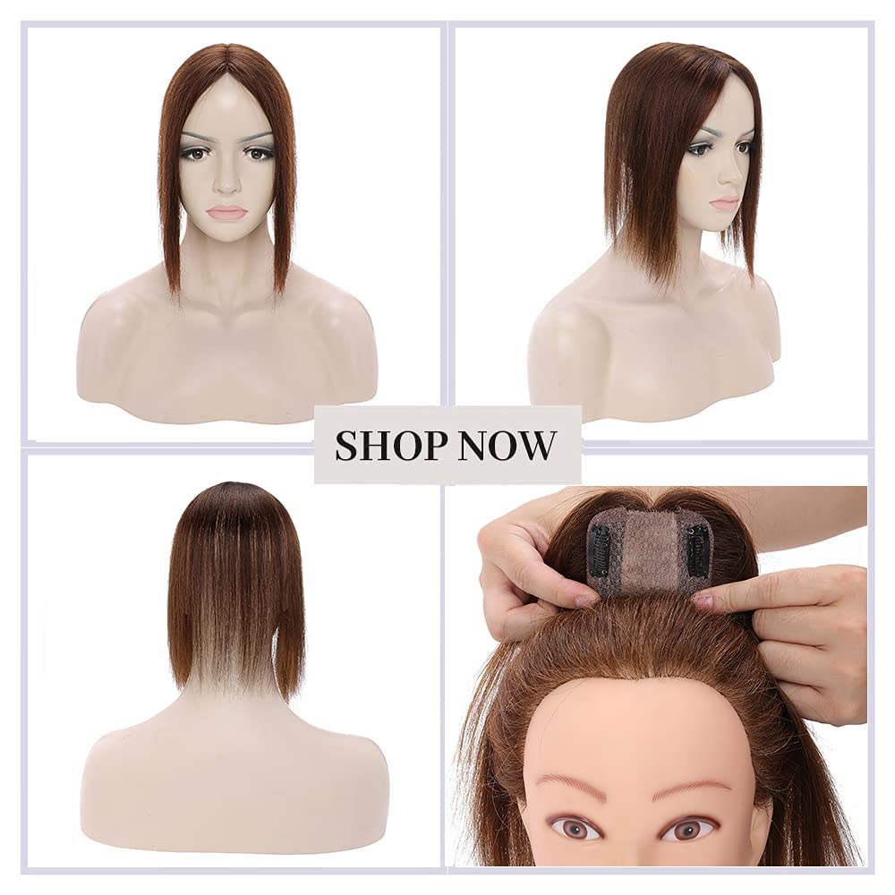 MY-LADY 150% Density Human Hair Topper - No Bangs Clip-In Hairpiece for Women, 14 Inch Medium Brown Silk Base - Perfect for Thinning Hair & Hair Loss - Great for Daily Wear, Parties & Special Occasions
