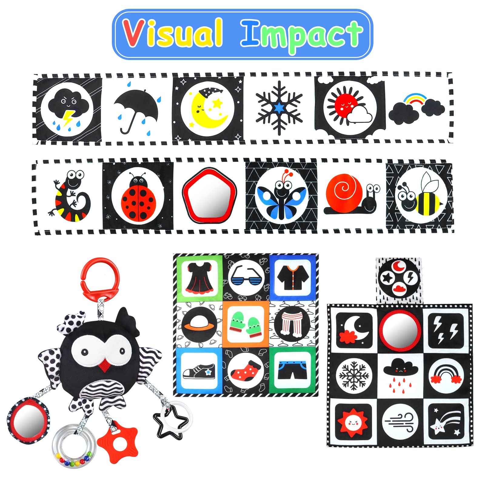 Black and White High Contrast Baby Toys 0-12 Months with Mirror, Crinkle & Rattles - Montessori Sensory Toys for Newborn Brain Development - Soft Tummy Time & Playtime Infant Toys for 0-3-6-9 Months - Perfect for Nursery, Daycare & Travel