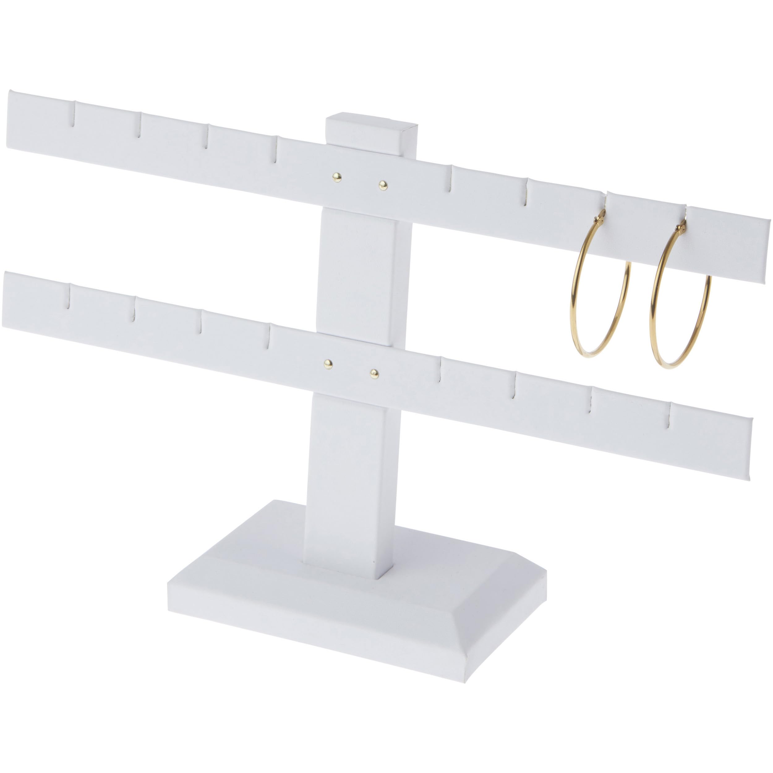 Plymor White Faux Leather Double T-Bar Earring Display Stand - Holds 8 Pairs of Earrings, 10.25