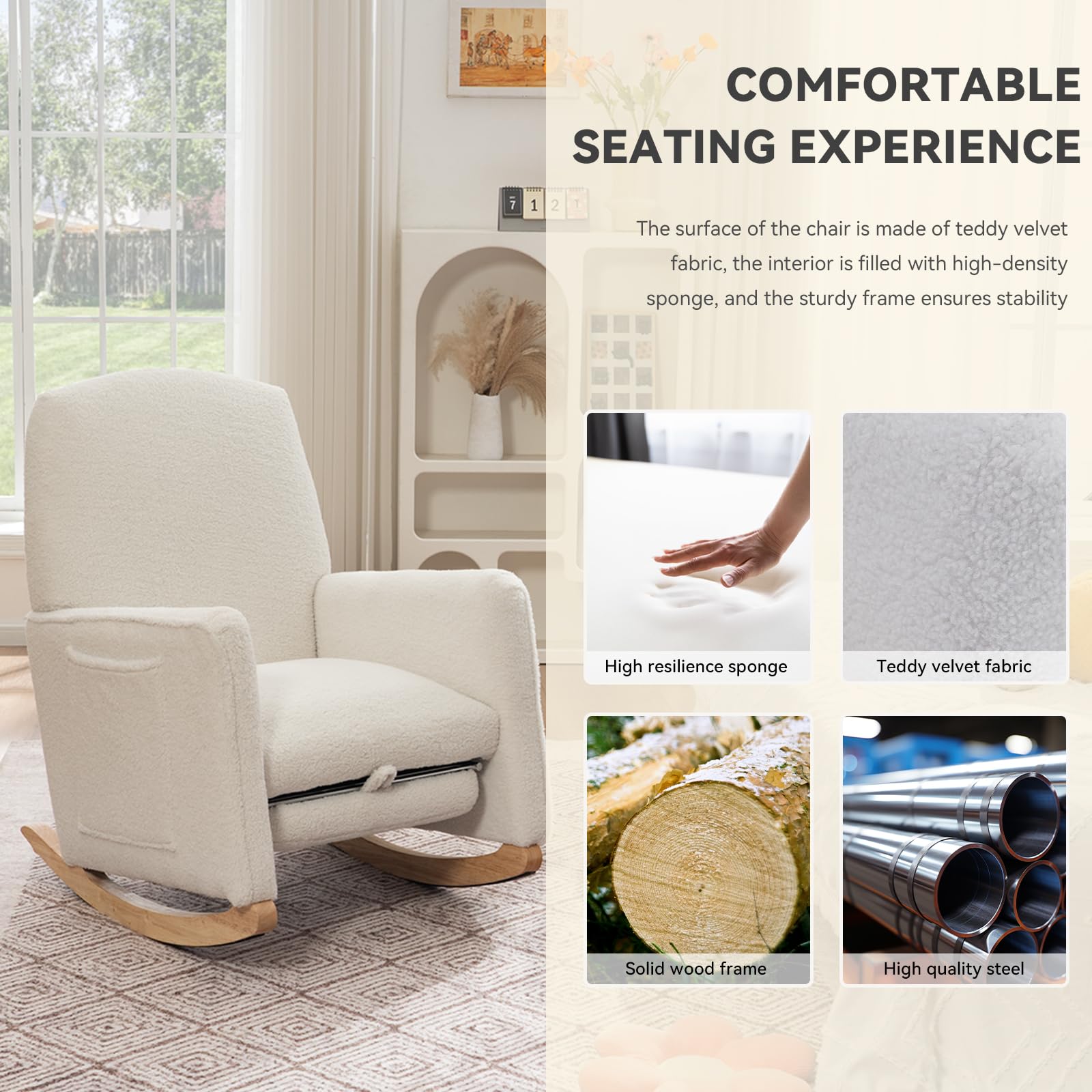 FOXHUNTER Adjustable Rocking Chair with Footrest - High Back Glider Nursery Chair with Side Pockets - Soft Upholstered Living Room Rocker in Teddy Ivory - Perfect for Nursing, Reading & Relaxing