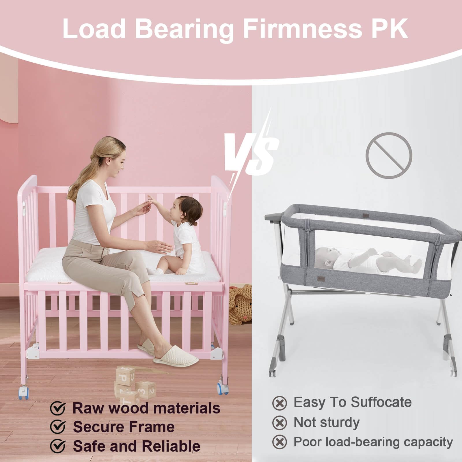 Portable Pine Wood Baby Bassinet Bedside Sleeper - Adjustable 6 Height Crib with Mattress for Newborns 0-12 Months, Space-Saving Nursery Bed for Girls (Pink) - Perfect for Co-Sleeping, Nursery Rooms & Small Spaces
