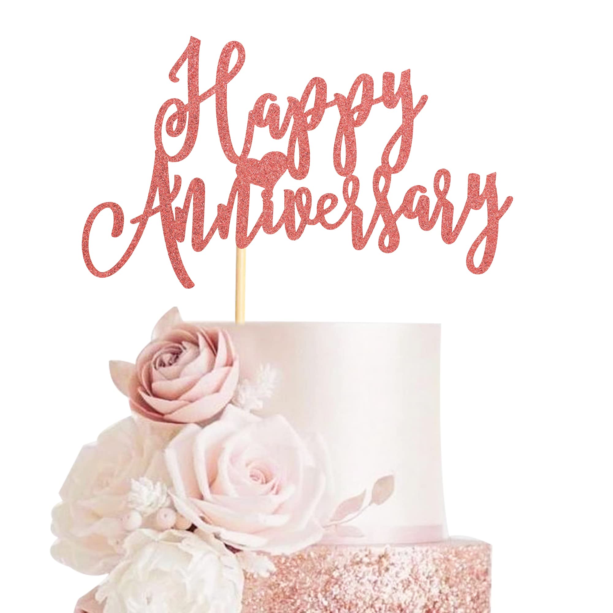 Rose Gold Glitter Happy Anniversary Cake Topper - Wedding Anniversary Party Decorations, Cake Decor Supplies for Couples Celebration - Perfect for Wedding Anniversaries, Romantic Dinners & Special Occasions