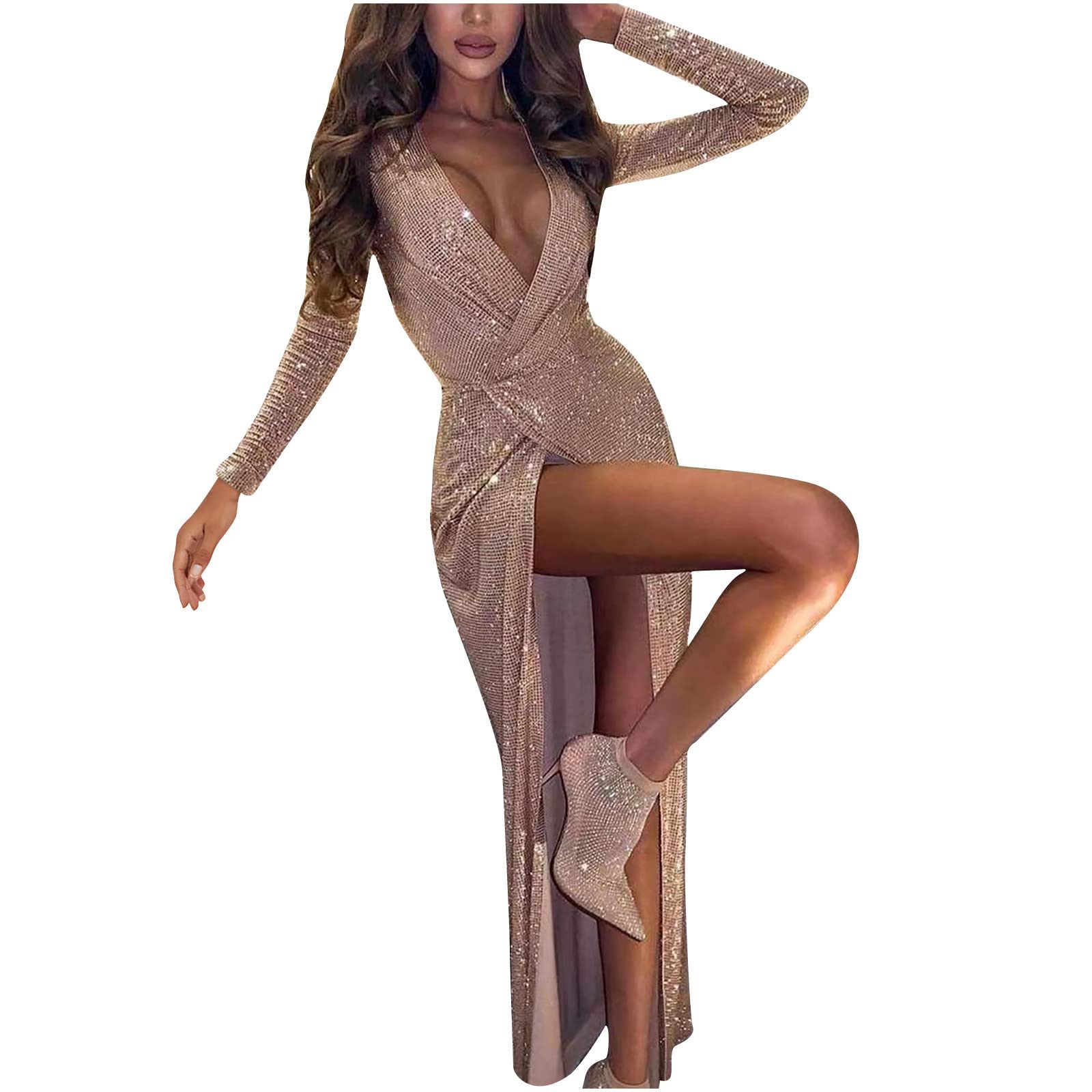 APIVOE Women's Sexy Cold Shoulder Long Sleeve V-Neck Slit Formal Maxi Dress for Wedding Guest, Prom, Party & Evening Events - Elegant Evening Gown for Special Occasions