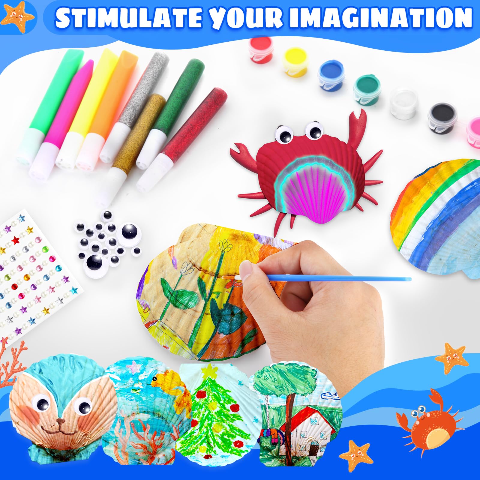 Kebuye Sea Shell Painting Kit for Kids - 12 Shells, 8 Paints & 6 Clay DIY Art Craft Set - Creative Gift for Boys & Girls Ages 4-12 - Perfect for Birthday, Summer Camp & Family Bonding Activities