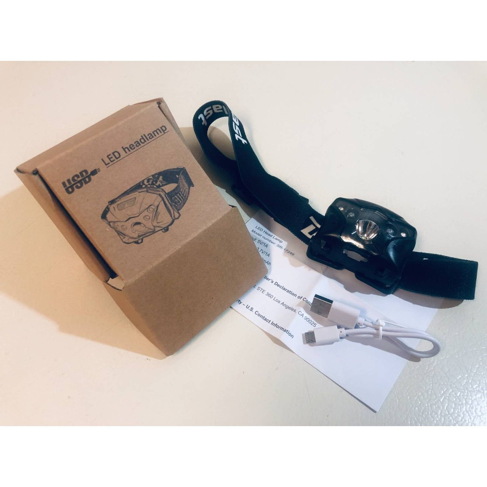 Rechargeable USB LED Headlamp with Adjustable Light - Black (Model SR 17249) - Perfect for Camping, Hiking, Running & Night Work