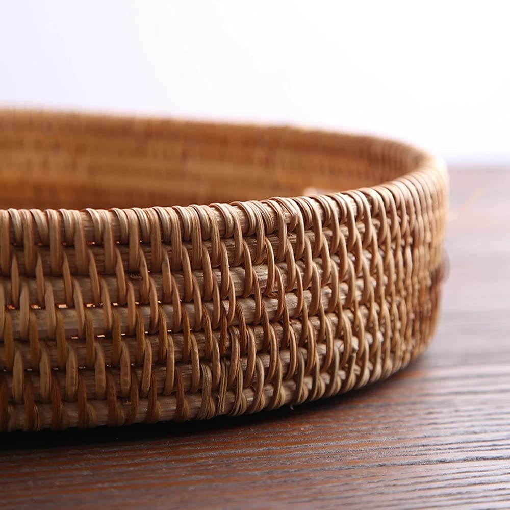 Handwoven Rattan Storage Basket with Handle - Picnic, Bread, Fruit & Snack Serving Tray - Natural Woven Desktop Display Organizer for Home, Kitchen, Party & Outdoor Gatherings