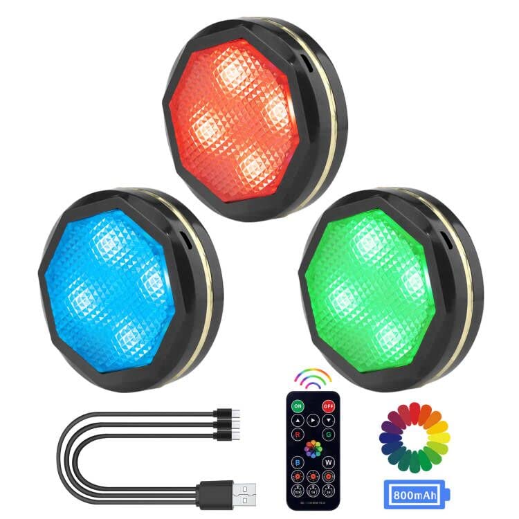 MFOX Wireless Under Cabinet Lights with Remote Control - USB Rechargeable LED Puck Lights, Dimmable Color Changing Closet & Ceiling Lighting for Bedroom, Kitchen, Wardrobe (3 Pack, Black) - Perfect for Home Decor, Night Lighting & Cabinet Illumination