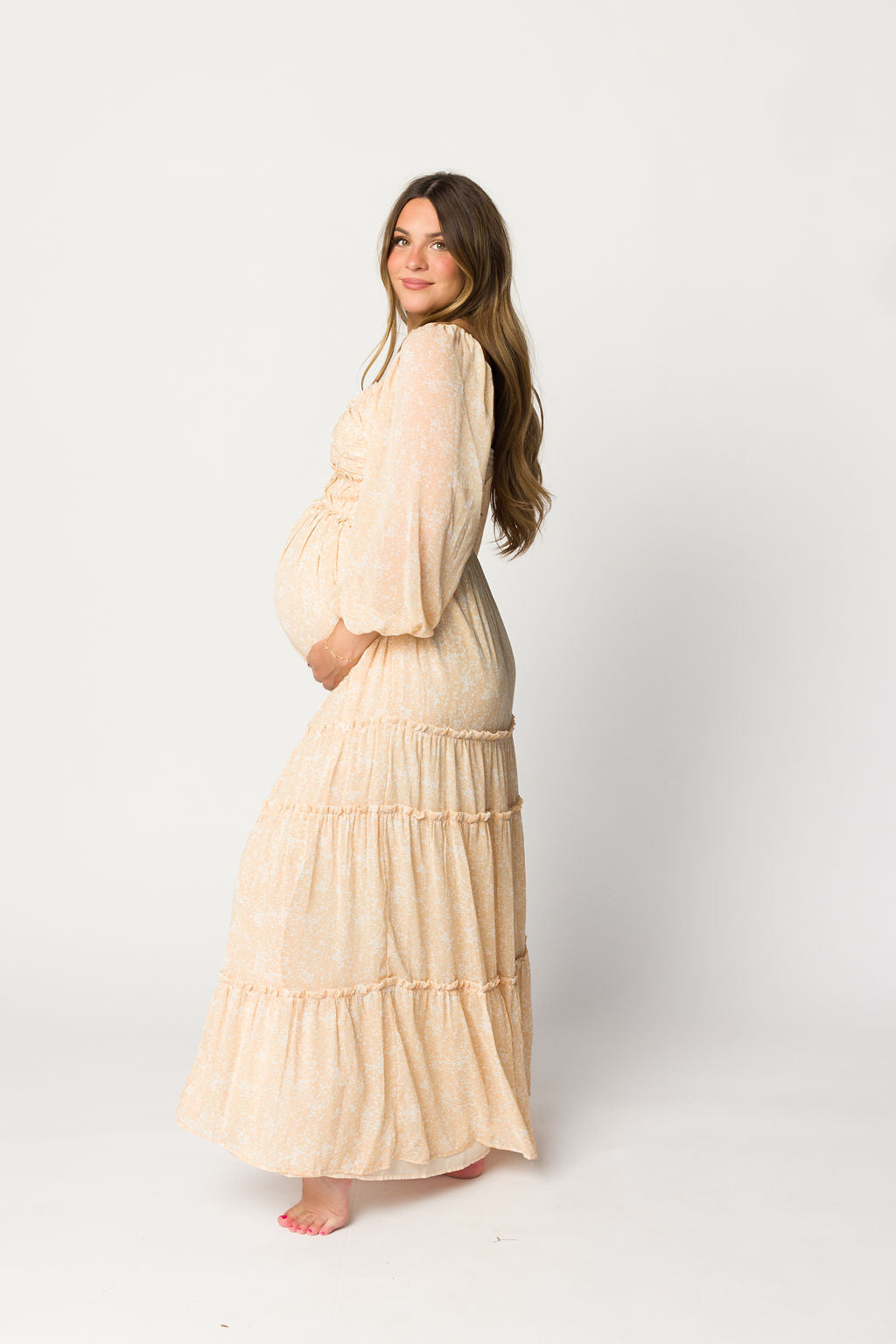 Daphne Long Sleeve Maxi Dress - Light Beige/White Floral Print | Bump Friendly Maternity & Inclusive Sizing (XS-3XL) | Perfect for Pregnancy, Weddings & Special Occasions