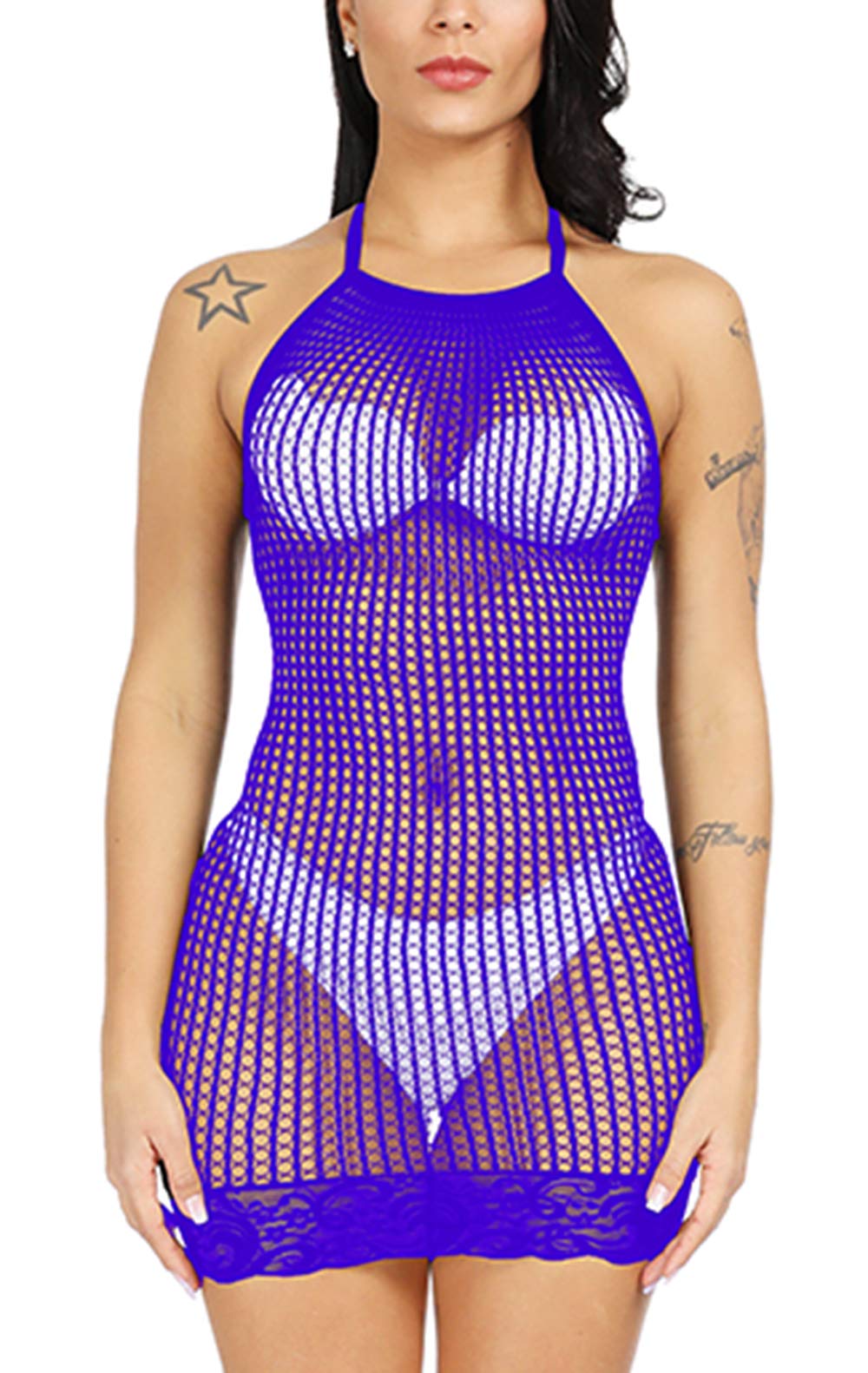 Sexy Women's Halter Fishnet Babydoll Lingerie - Chemise Nightwear Mini Teddy Dress One Size for Valentine's Day, Honeymoon & Boudoir Photography