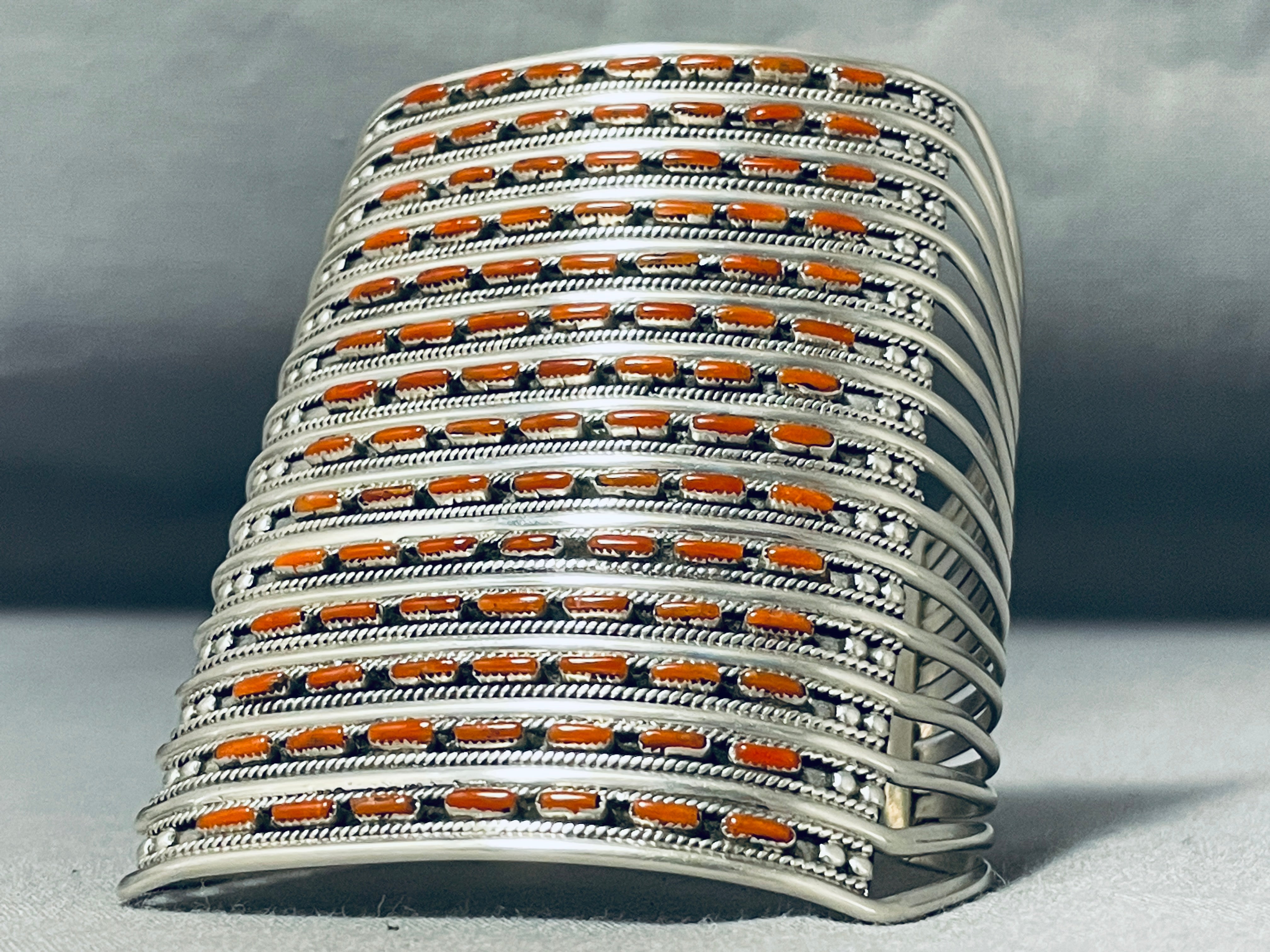 14 Story Tall Coral Native American Zuni Sterling Silver Bracelet - Handmade Southwest Jewelry for Women, Boho Chic Accessories for Festivals & Special Occasions