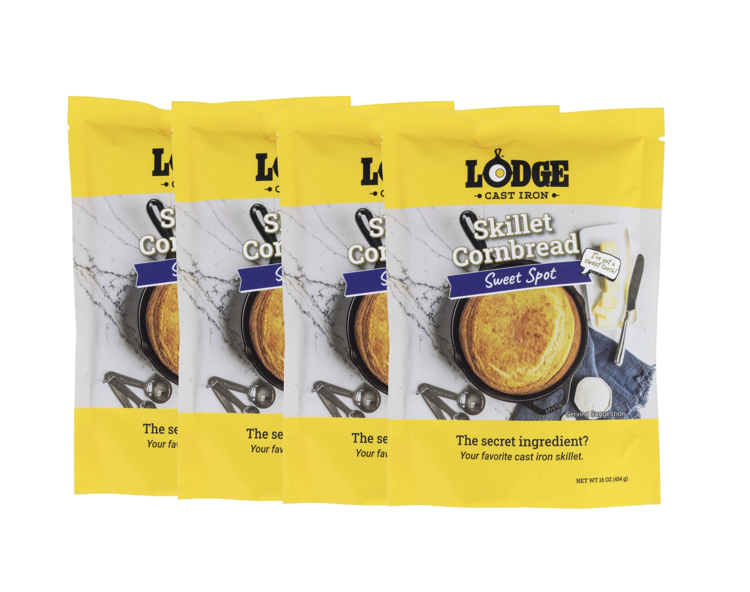 Lodge Cast Iron Skillet Cornbread Mix – Premium 16 oz (4 Pack) for Cast Iron Skillet, Wedge Pan, Cornstick Pan & Muffin Pan – Sweet Spot – Perfect for Baking, Camping & Southern-Style Cooking