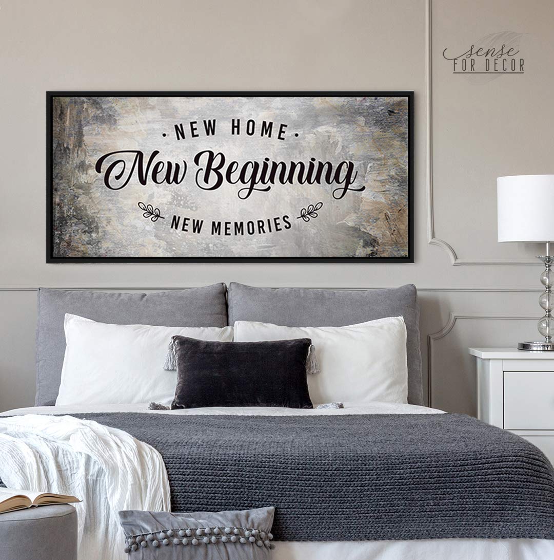 New Home New Beginning Quote Framed Canvas - Black Floating Frame 42x19 - Rustic Home Decor for Living Room, Bedroom & Office - Perfect Housewarming Gift for Family & Friends