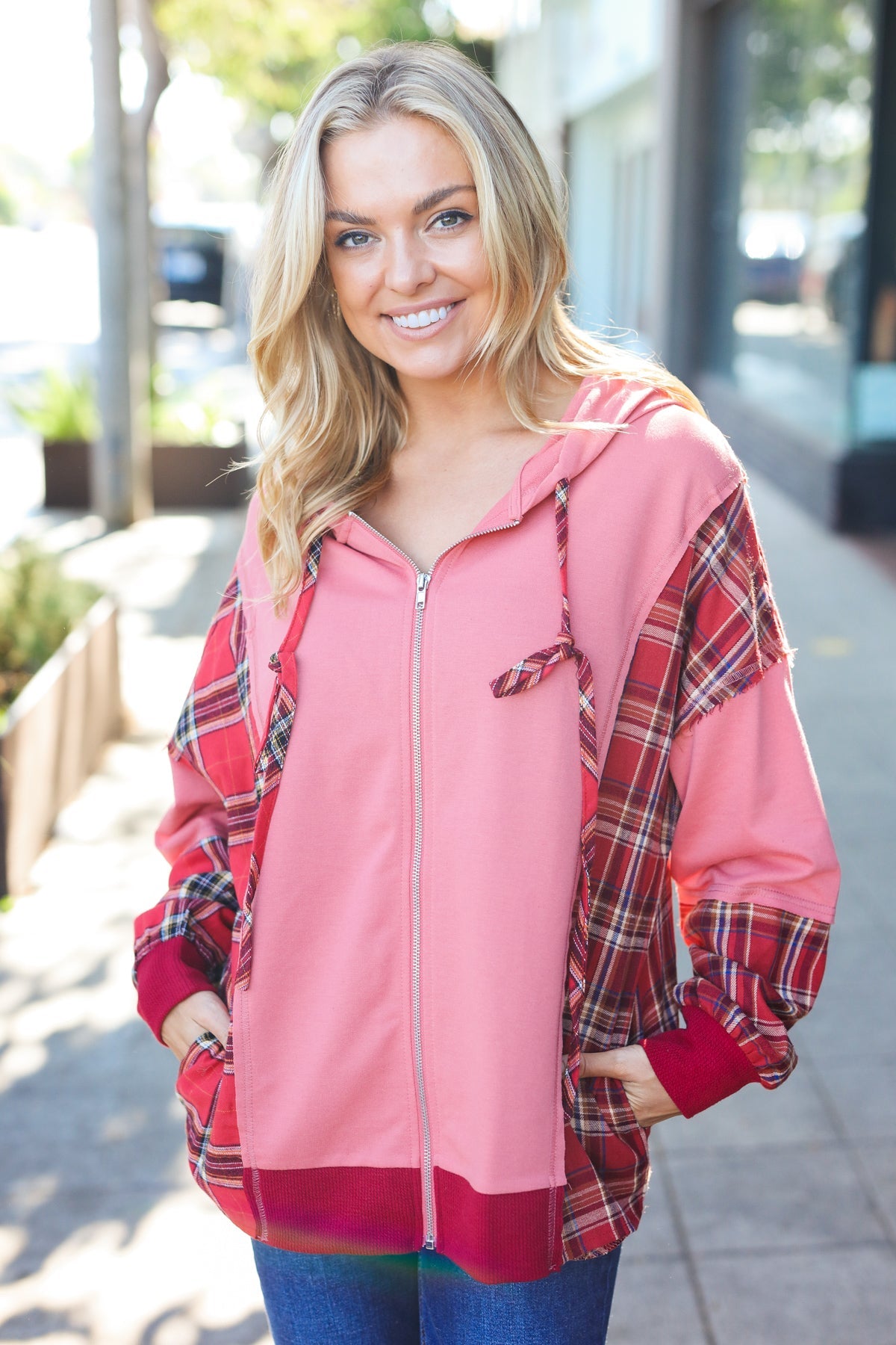 Stylish Marsala Plaid Color Block Zipper French Terry Hoodie for Women | Cozy Fall & Winter Outerwear | Perfect for Casual Outings, Lounge Wear and Street Fashion