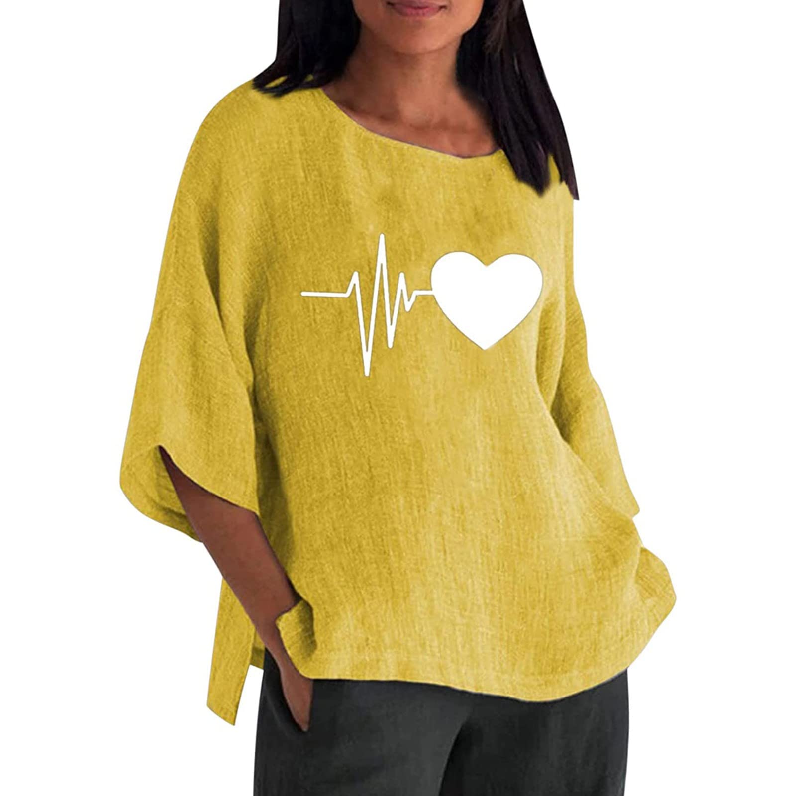 Women's Floral Printed Linen T-Shirt - 3/4 Sleeve Crew Neck Loose Blouse for Summer, Casual & Workout - Perfect for Outdoor Activities, Office Wear & Yoga Sessions