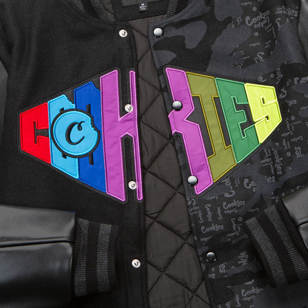 Black Letterman Jacket with Cookies Across the Board Design - Vintage Style Varsity Coat for High School, College & Casual Outfits