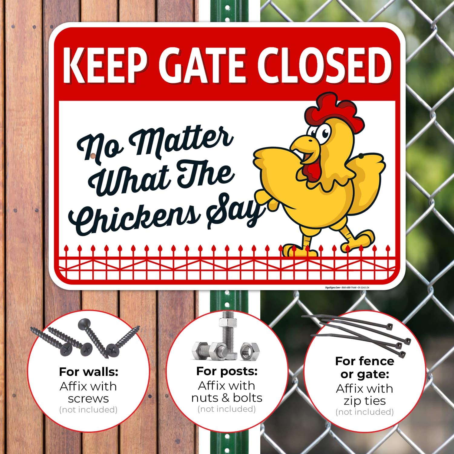 Keep Gate Closed No Matter What The Chickens Say - 18x24 Inch Rust-Free Aluminum Chicken Coop Sign - Fade Resistant & Easy Mounting for Indoor/Outdoor Use - Perfect for Farmhouse Decor & Poultry Enthusiasts - Made in USA