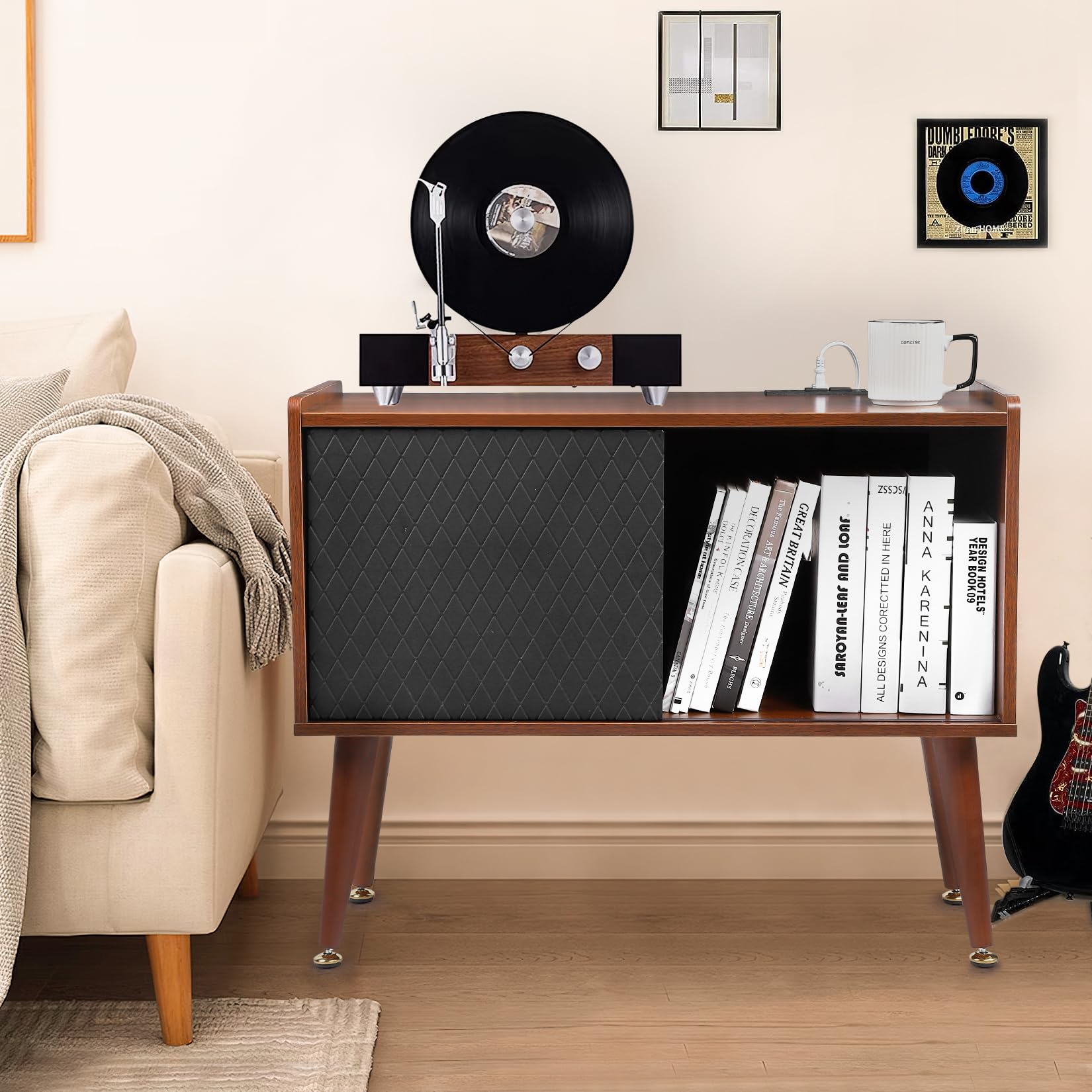 Garvee Wooden Record Player Stand with Charging Station & USB Ports - Large Vinyl Storage Cabinet Holds 300+ Albums - Turntable Stand with Side Table for Living Room, Bedroom & Home Decor