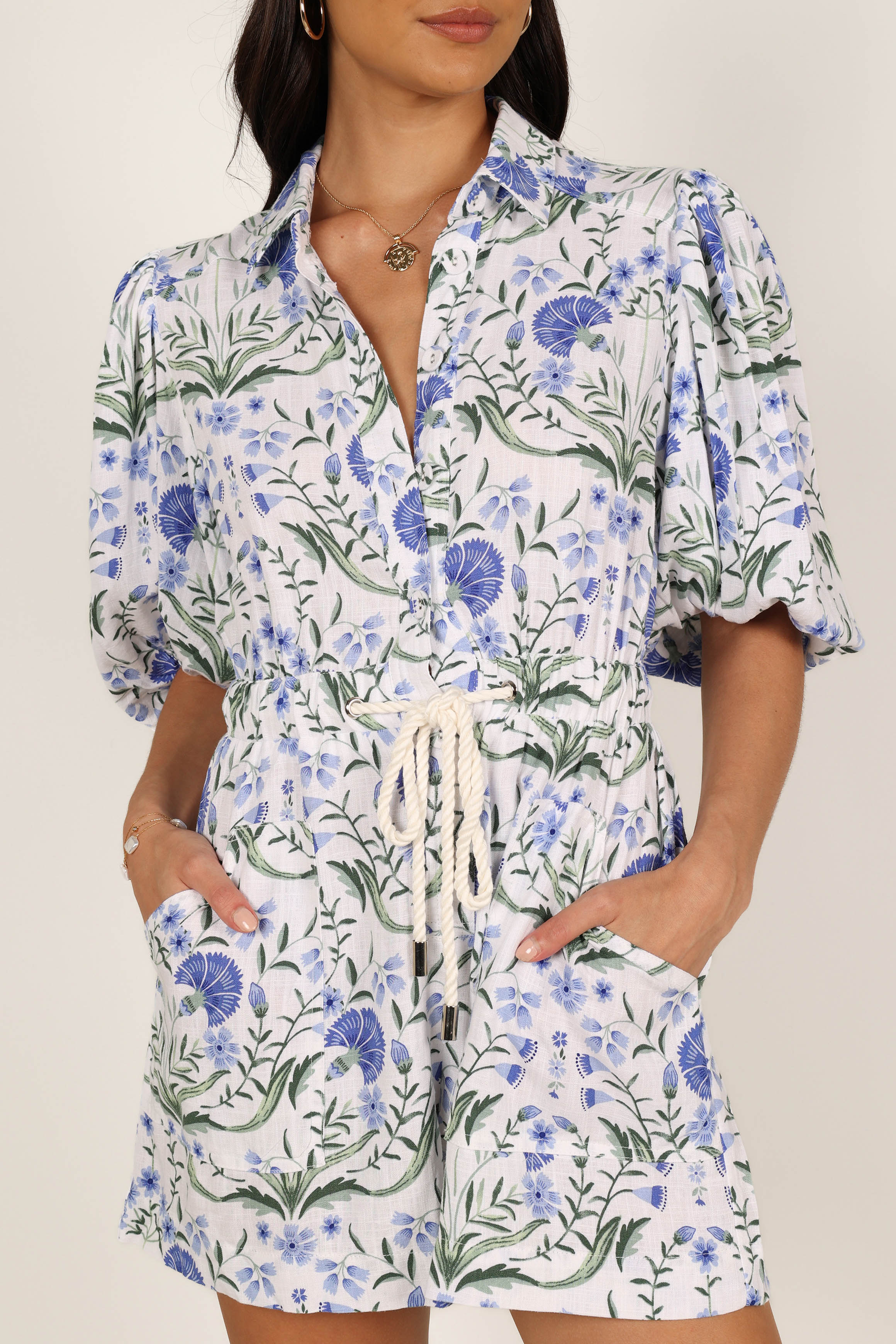 Annie Linen Romper - Blue Floral Summer Jumpsuit for Women | Casual Boho Outfit for Beach, Vacation & Outdoor Activities