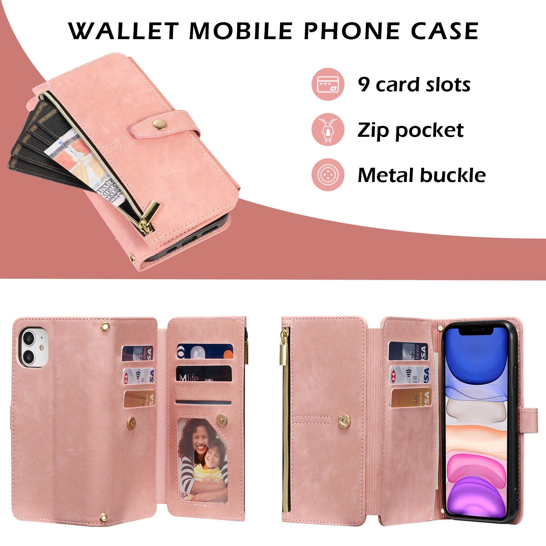 Premium Zipper Leather Wallet Case for iPhone X/Xs with Wrist Strap - Pink | Slim Flip Phone Cover with Card Slots | Perfect for Everyday Use, Travel & Shopping