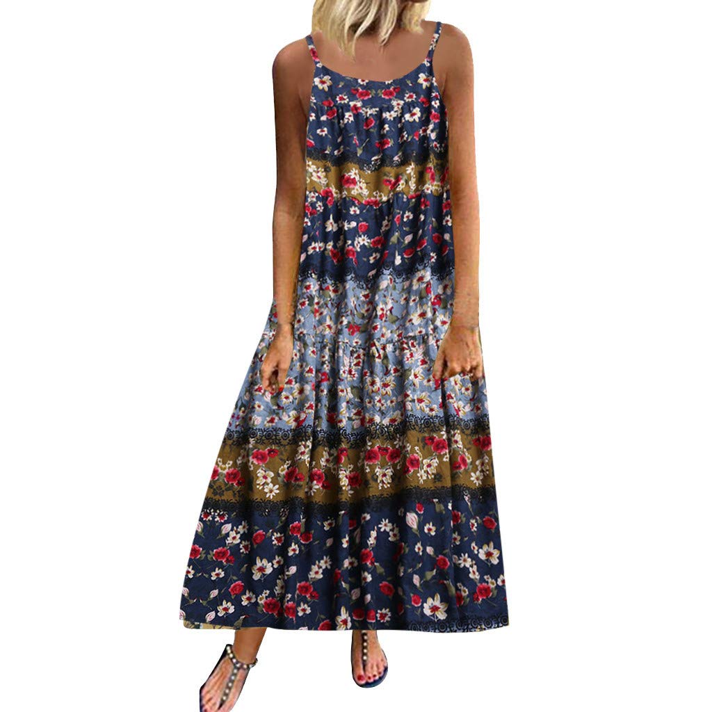 FORV Women's Plus Size Summer Vacation Dress - Casual Loose Sleeveless Boho Retro Linen Print Long Maxi Dress for Beach, Travel & Outdoor Activities