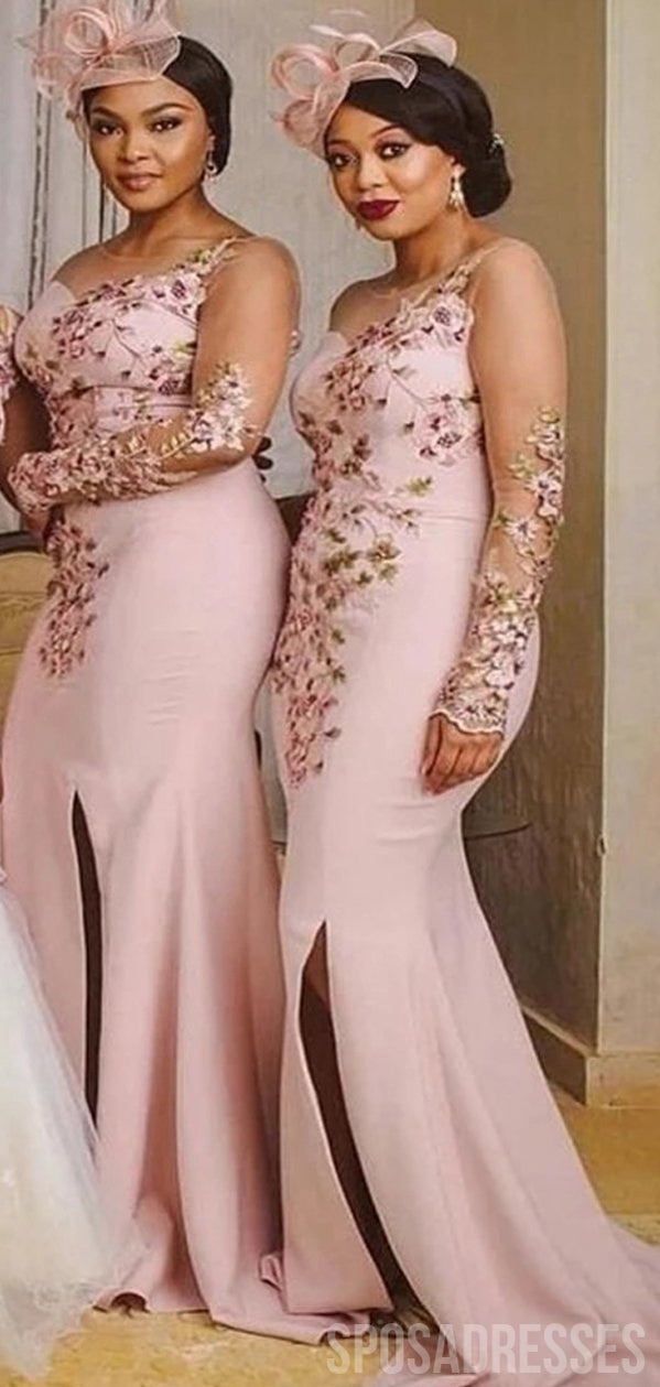 Floral Mermaid Pink Illusion Long Sleeve High Slit Bridesmaid Dress Gown - Elegant Formal Evening Wear for Weddings, Prom & Special Occasions (Style WG1004)