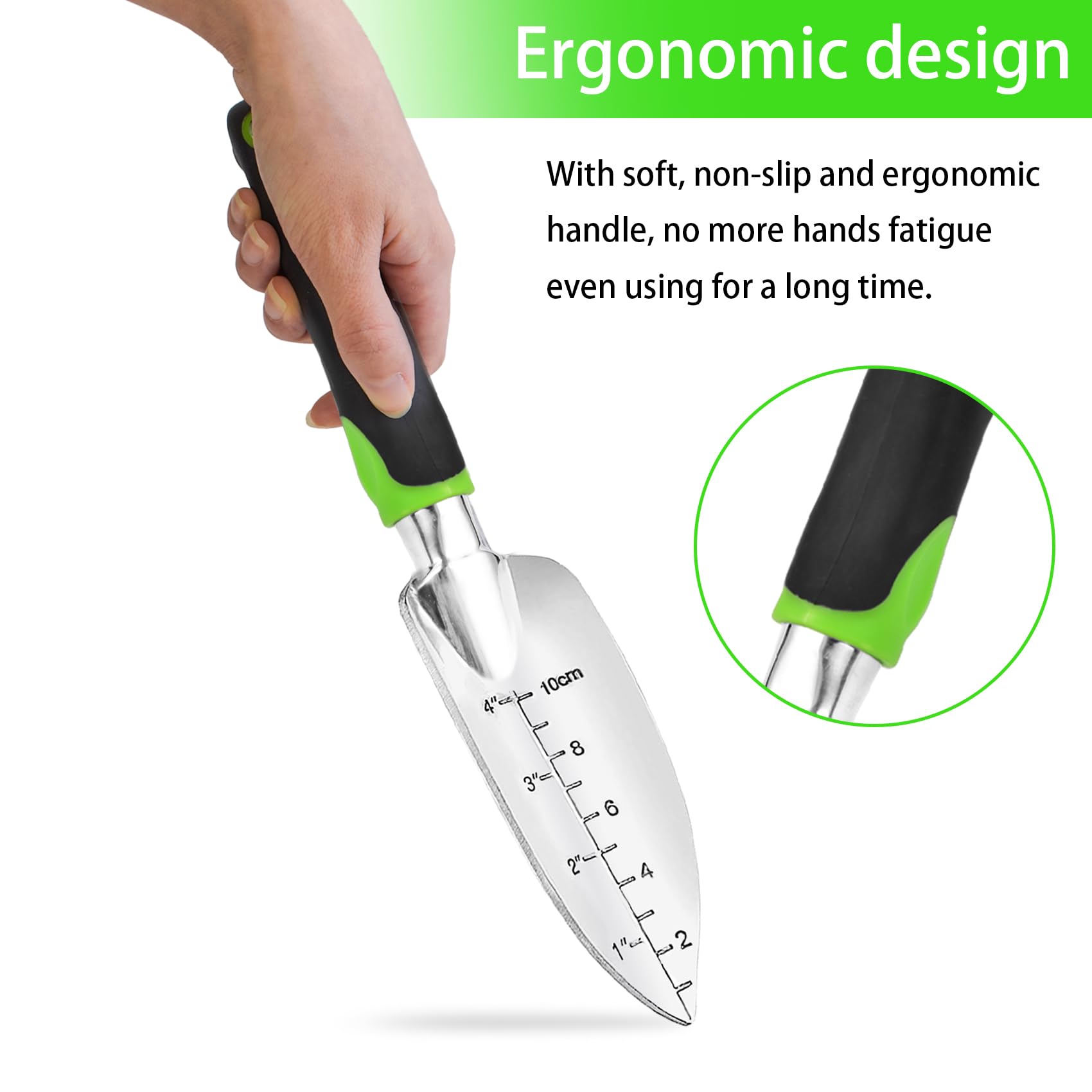 Premium Aluminum Alloy Garden Trowel Set with Ergonomic Rubber Handle - 3-Piece Gardening Hand Shovel Kit for Planting, Weeding & Soil Cultivation | Ideal for Home Gardens, Flower Beds & Vegetable Patches (Green)